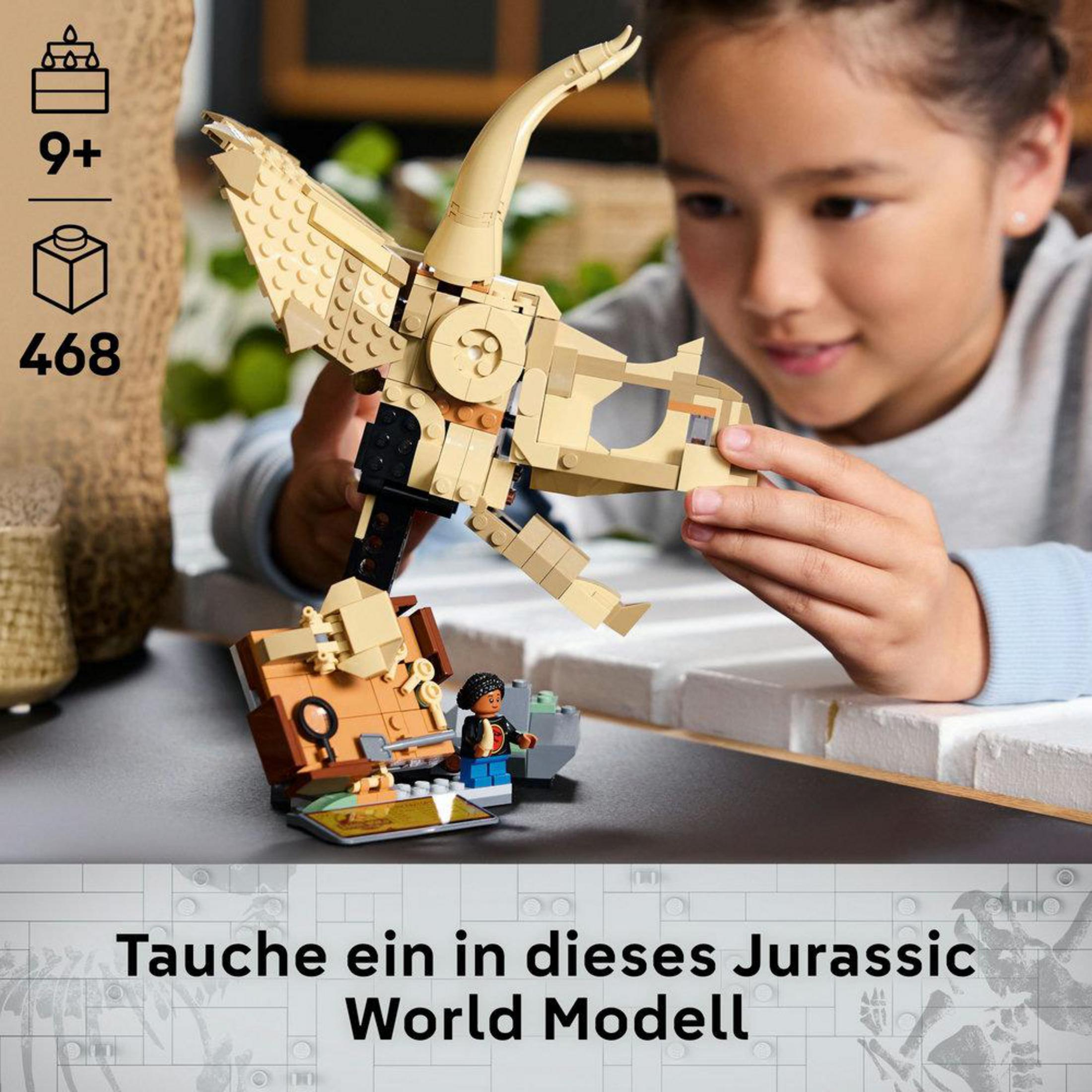 Meisje met Lego Triceratops fossiel set, bruin en beige, met een display basis.