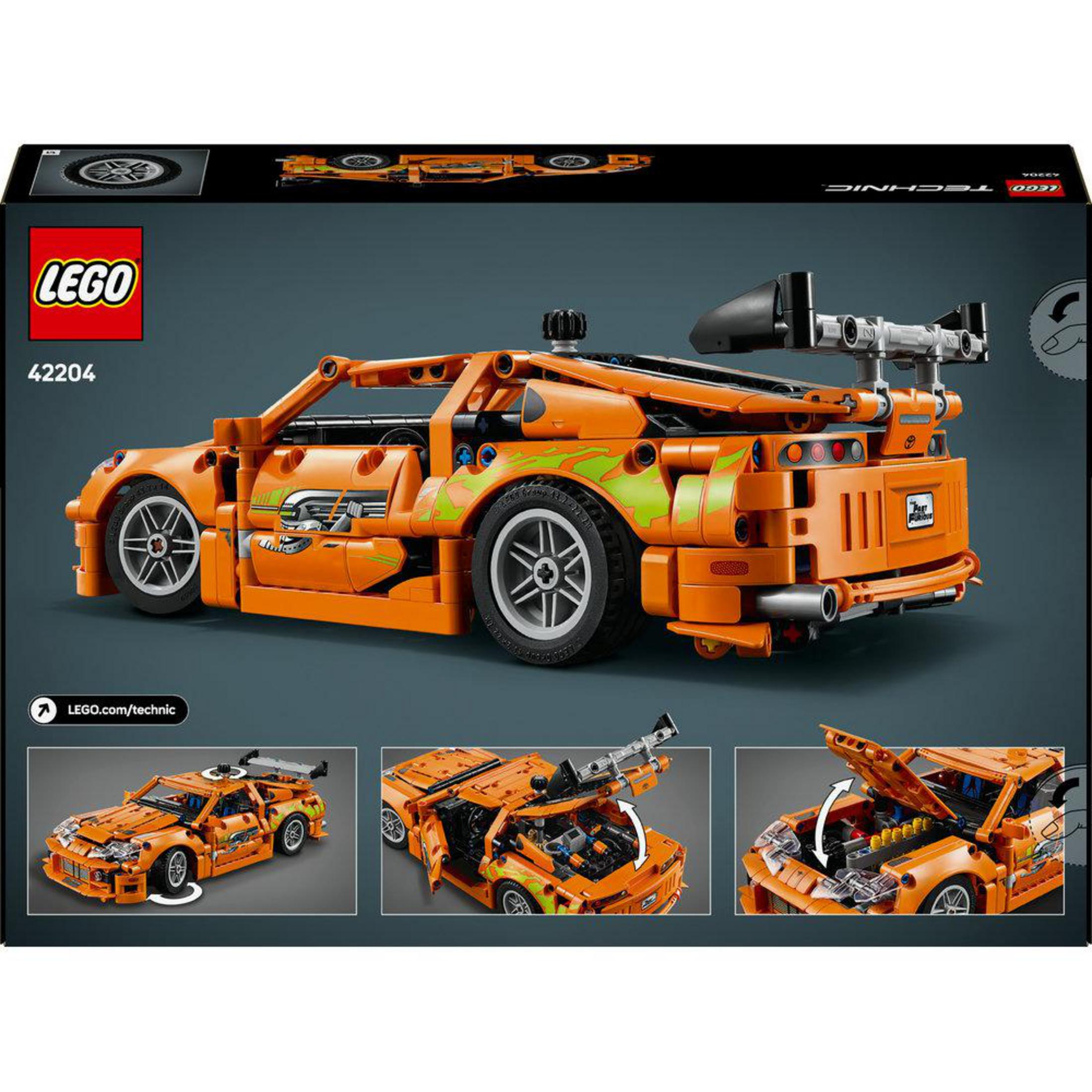 Turuncu LEGO Technic araba, yeşil alevler, siyah spoyler ve resimlerle bir kutu, set 42204.