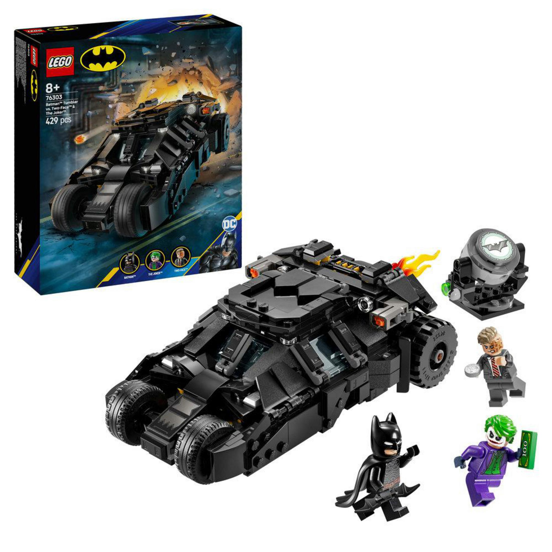 LEGO Batman Tumbler seti, Batman, Joker ve İki Yüz figürleriyle, ayrıca bir Bat-Sinyal spot ışığı.