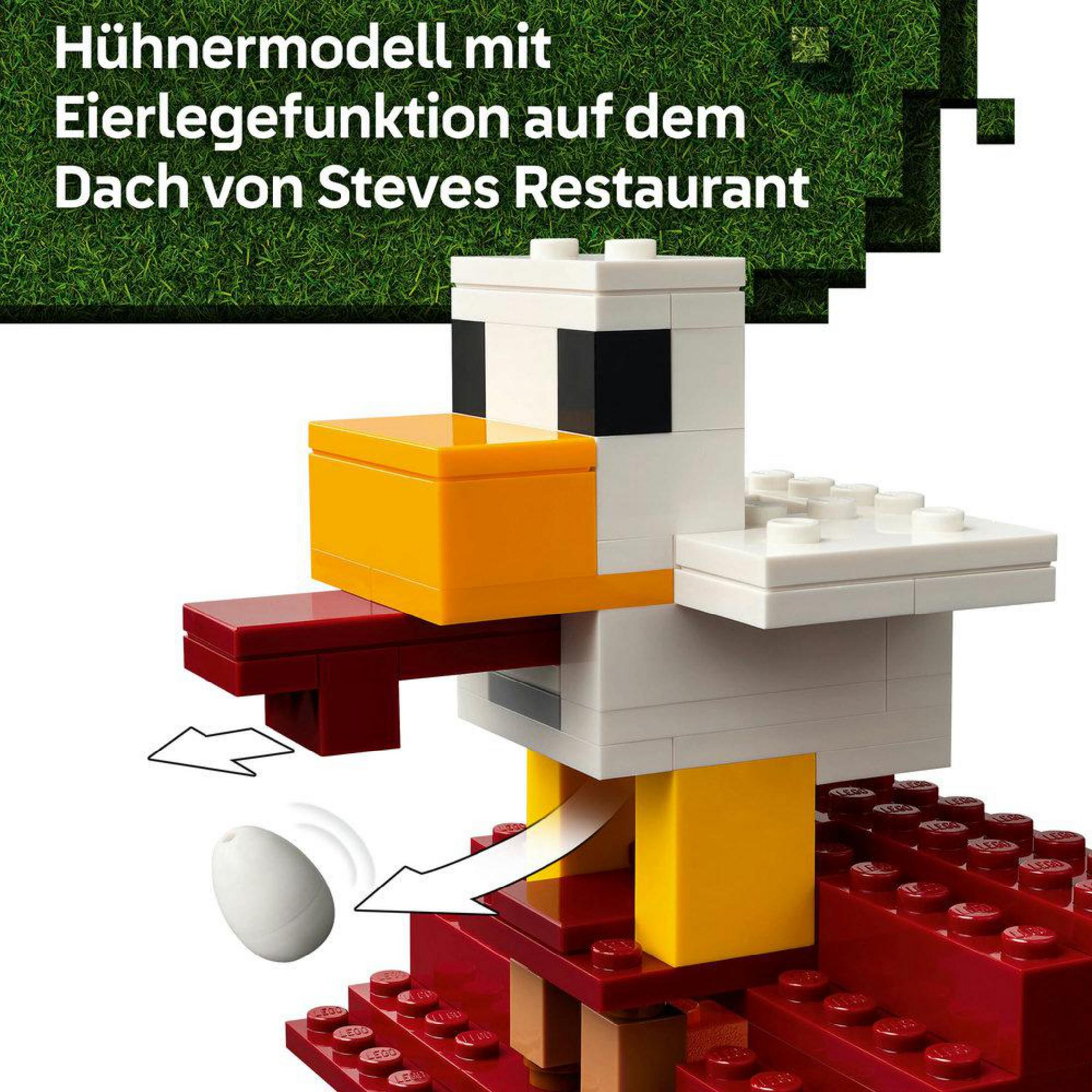 Model kurczaka LEGO Minecraft z funkcją znoszenia jaj na dachu restauracji Steve'a.