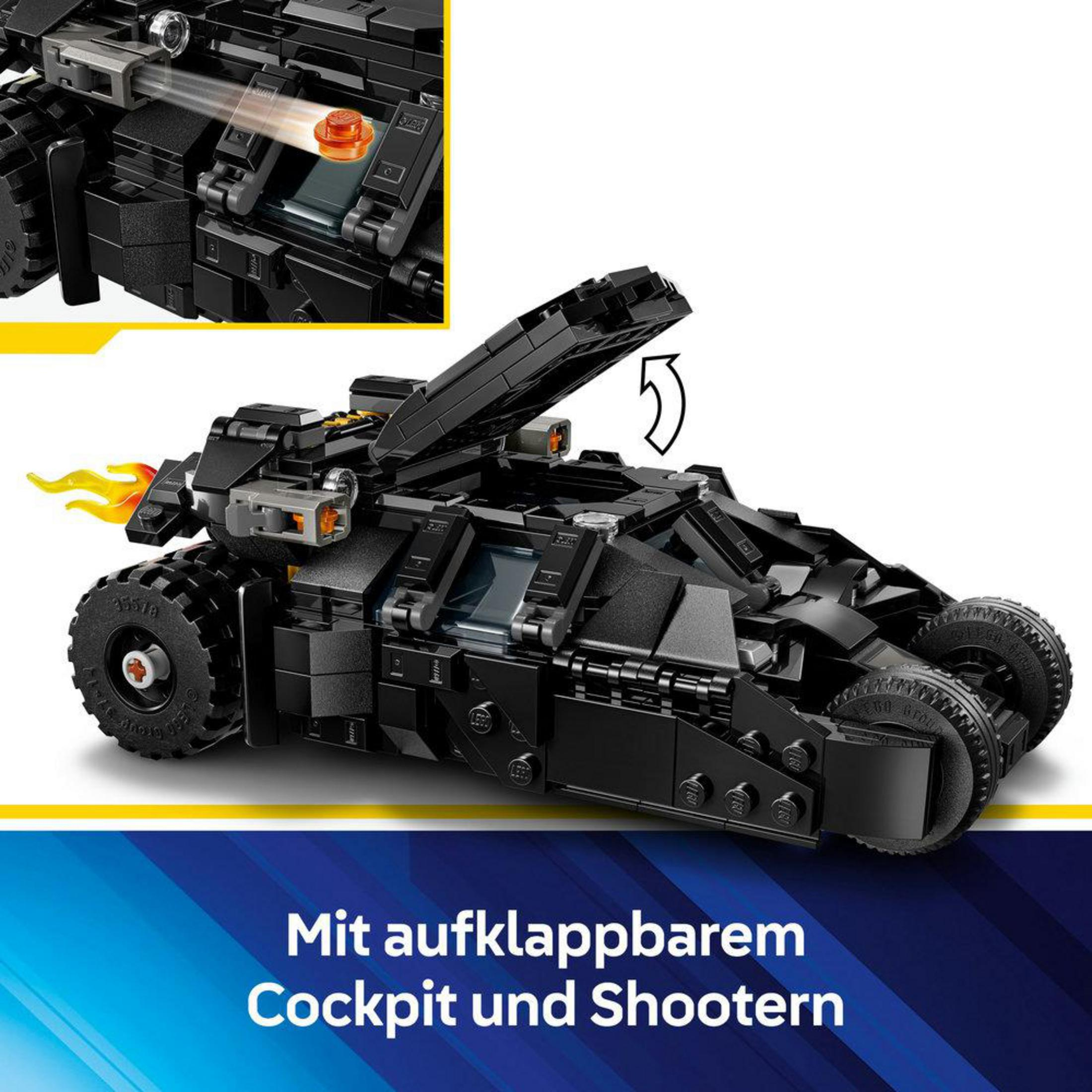 Czarny zestaw Lego Batman Tumbler z otwartym kokpitem i detalami strzelca.