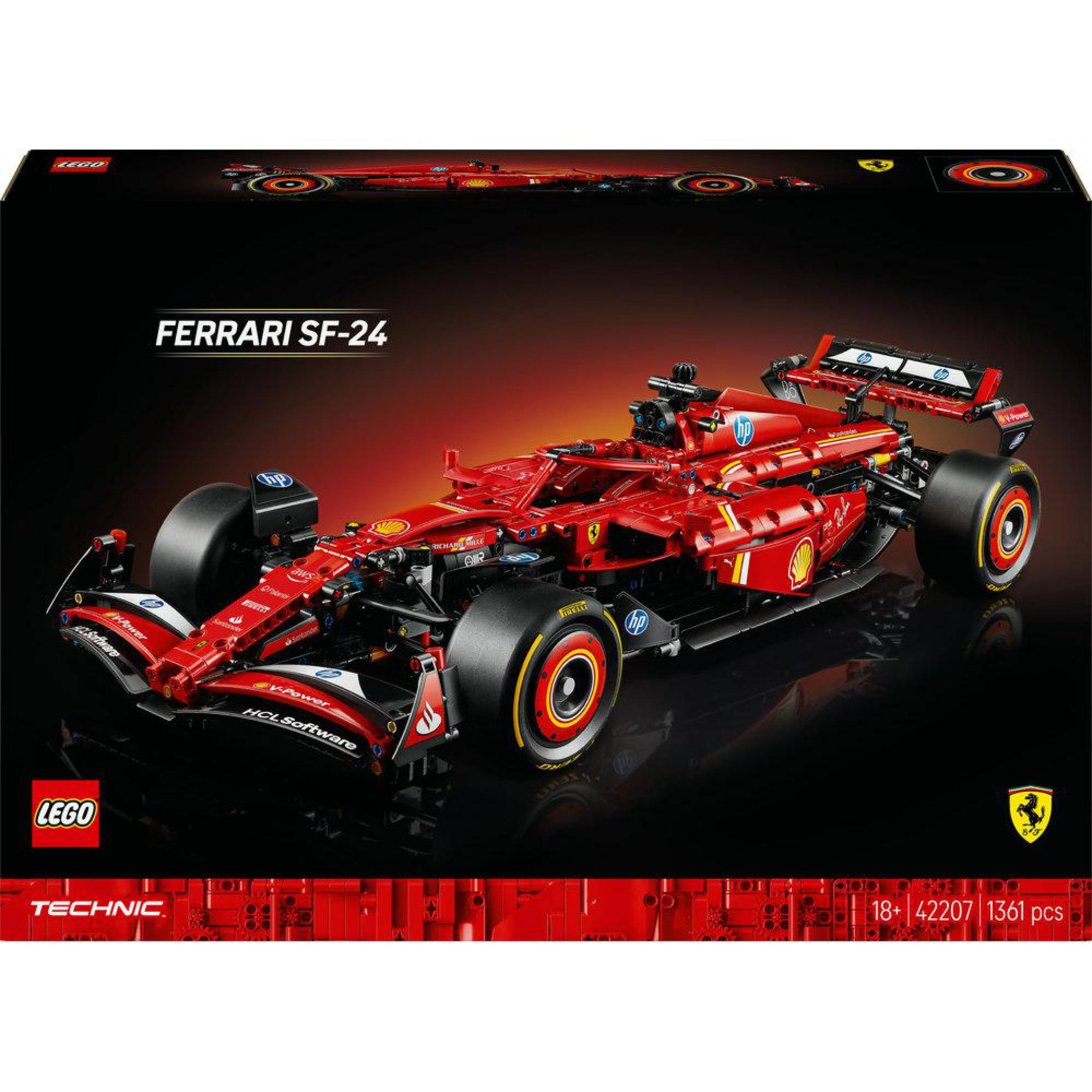 Rotes LEGO Technic Ferrari SF-24 Rennwagenmodell, eine Box und das Logo, Technic und Ferrari.