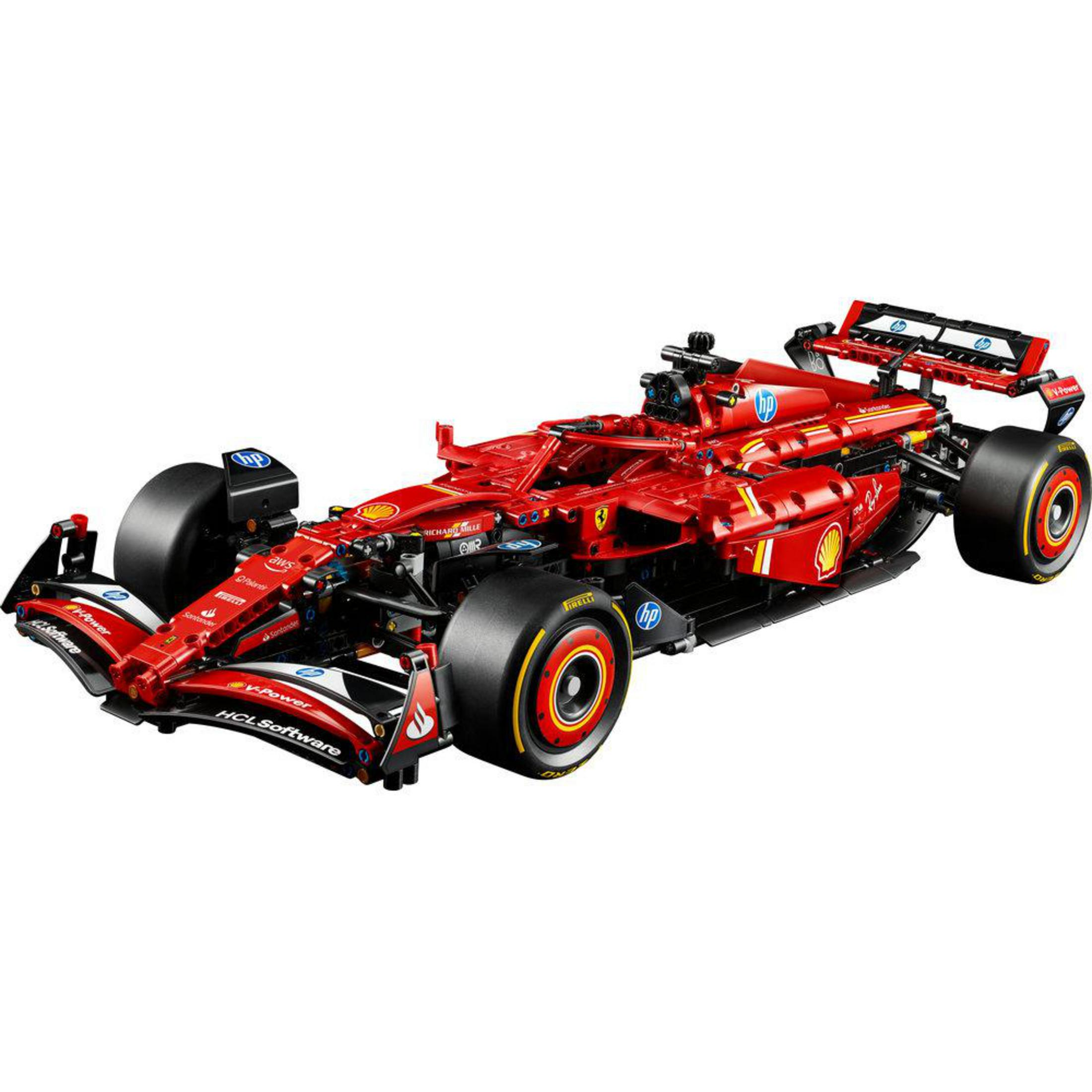 Czerwony model samochodu wyścigowego Ferrari SF-24 LEGO Technic, czarne opony i logo.