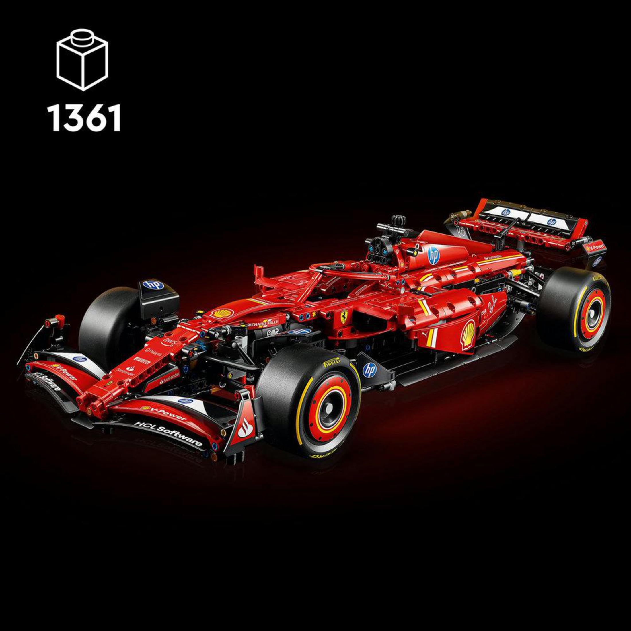 Czerwony zestaw Lego Ferrari Formuły 1 na czarnym tle, z pudełkiem u góry.