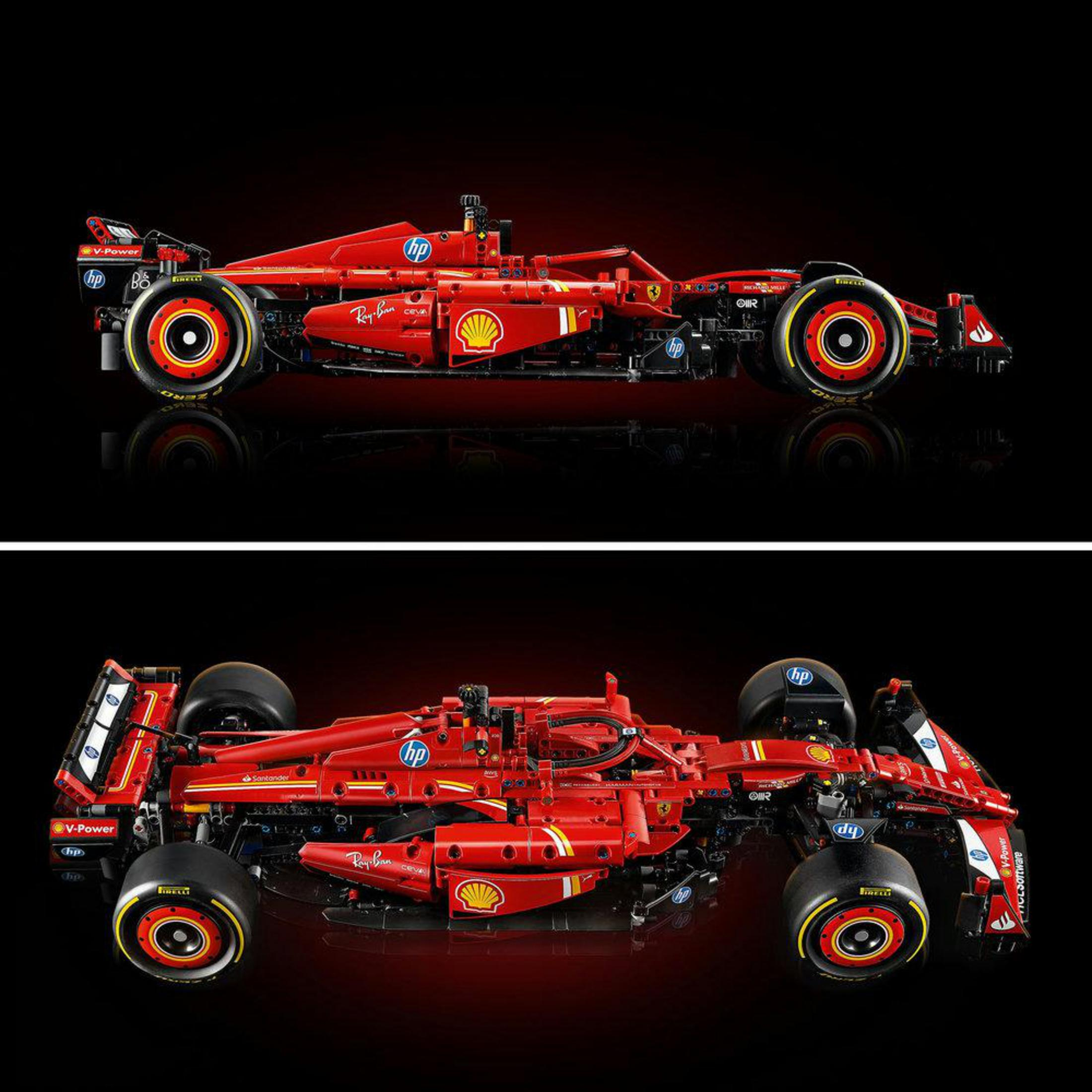 Dwa czerwone samochody Ferrari F1 na czarnym tle. Szczegółowy model z widocznymi sponsorami. Obecne odbicia.