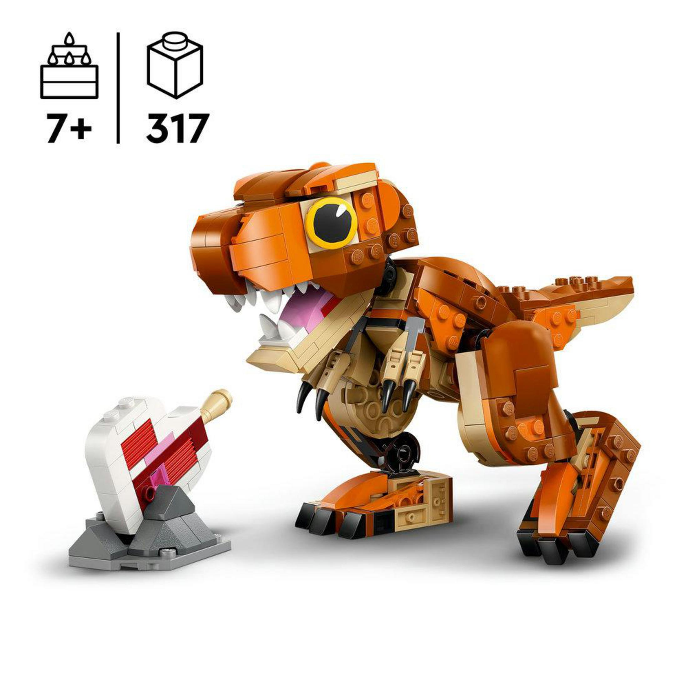 Model dinozaura Lego w kolorze pomarańczowym i brązowym z biało-czerwoną strukturą.