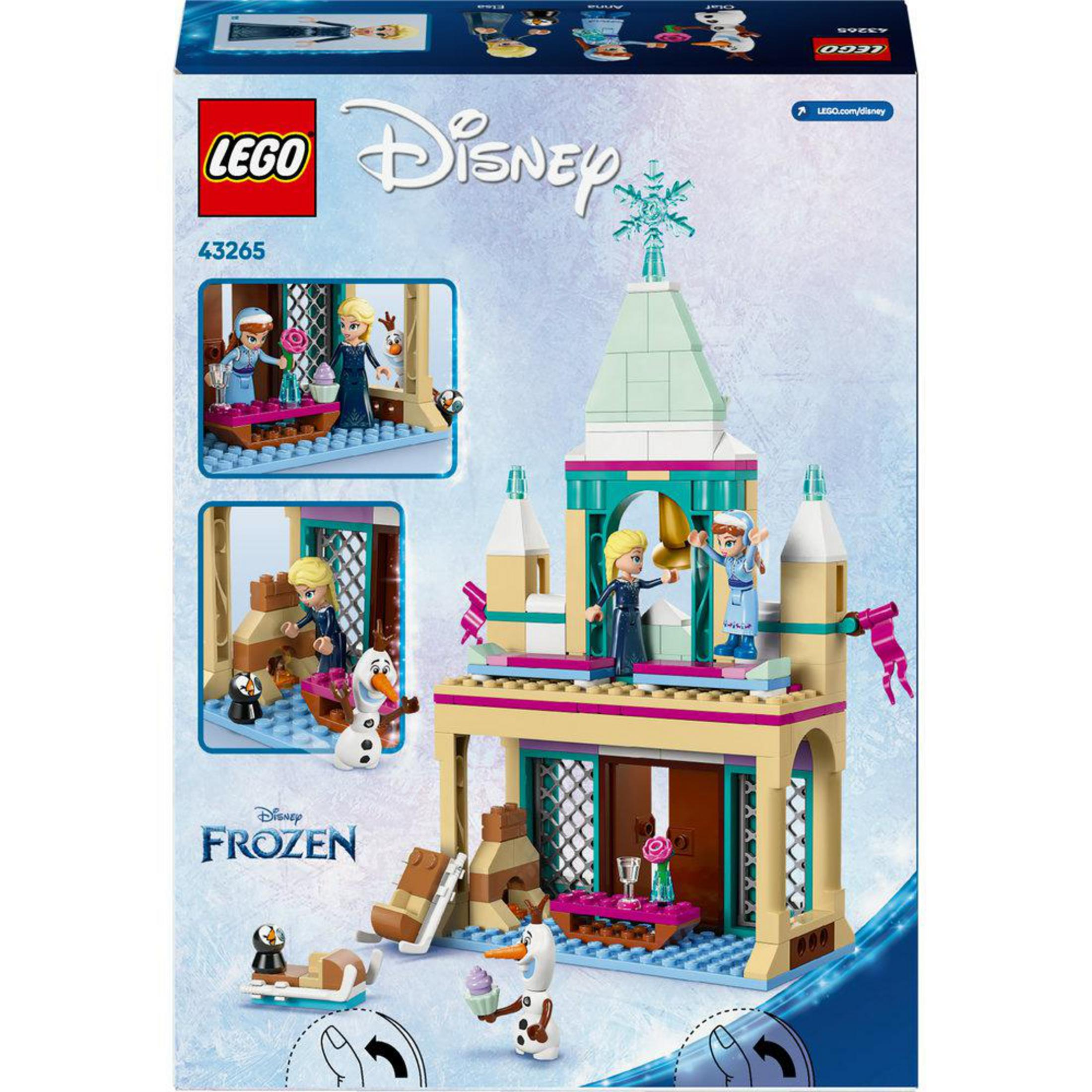 Model LEGO Disney Frozen zamku z wieloma figurkami i zaśnieżonym krajobrazem na pudełku.
