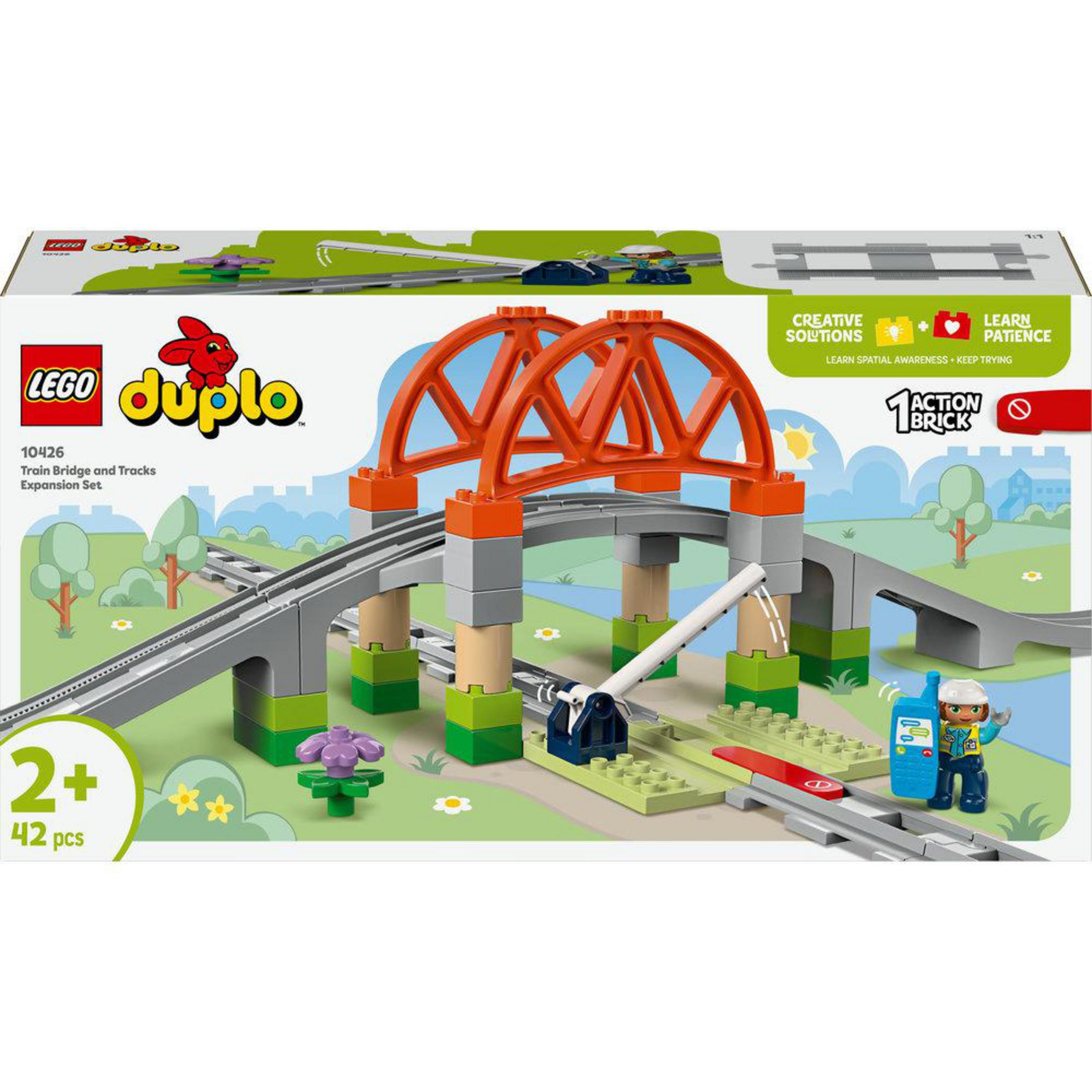 Scatola del set Lego Duplo Train Bridge and Tracks. Mostra un ponte e binari.