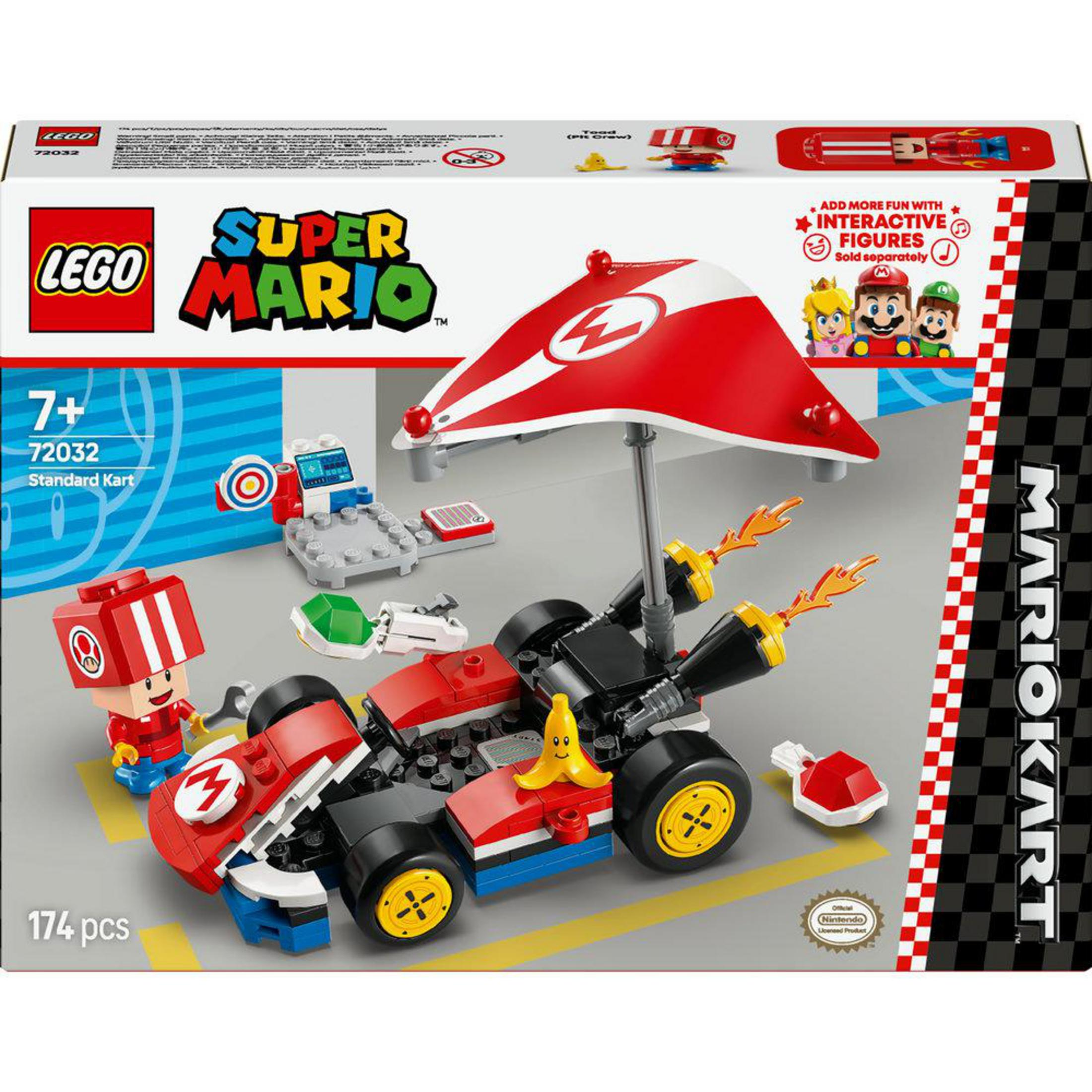 Kutu ve figürlerle bir Lego Super Mario kart seti.