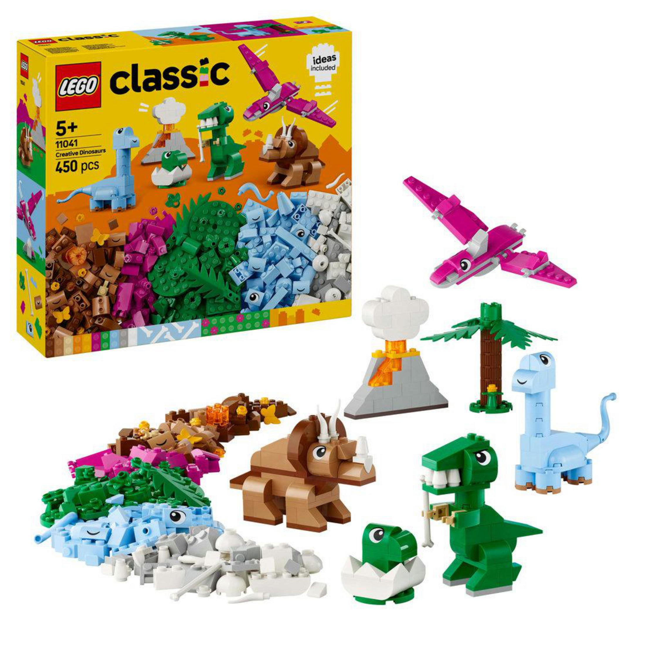 Set de caja Lego Classic con dinosaurios, volcán y otras piezas de construcción.