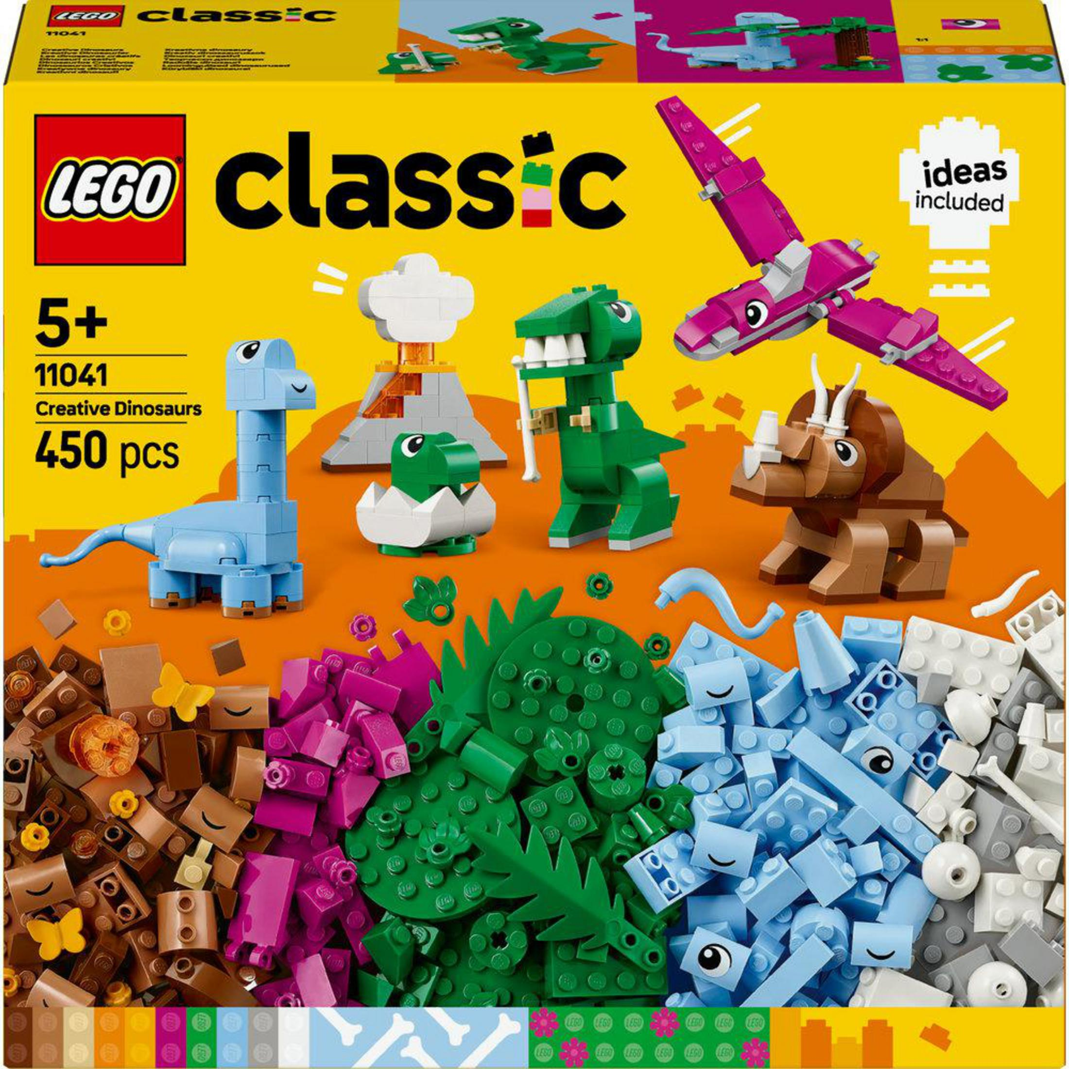 Zestaw Lego Classic z modelami dinozaurów i klockami.