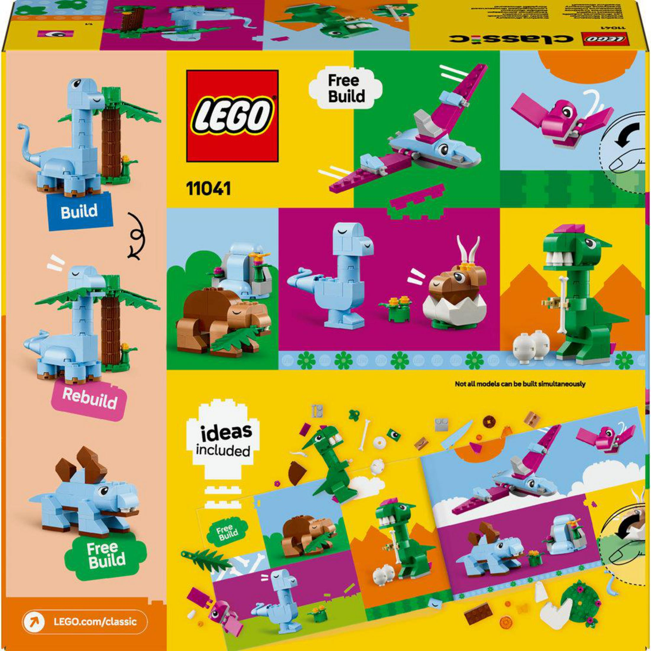 Lego Classic set parte trasera de la caja. Modelos de dinosaurios e ideas de construcción.