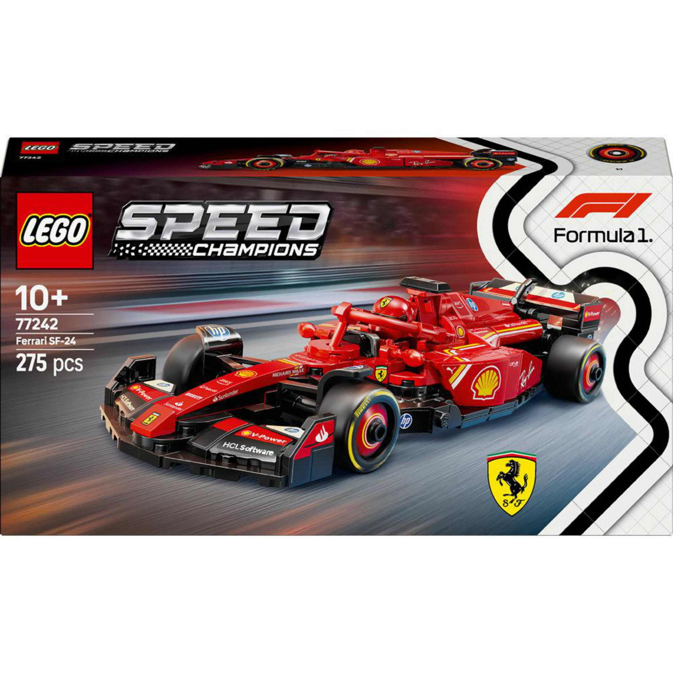Zestaw Lego Speed Champions Ferrari SF-24 w pudełku. Pudełko ma obraz samochodu.