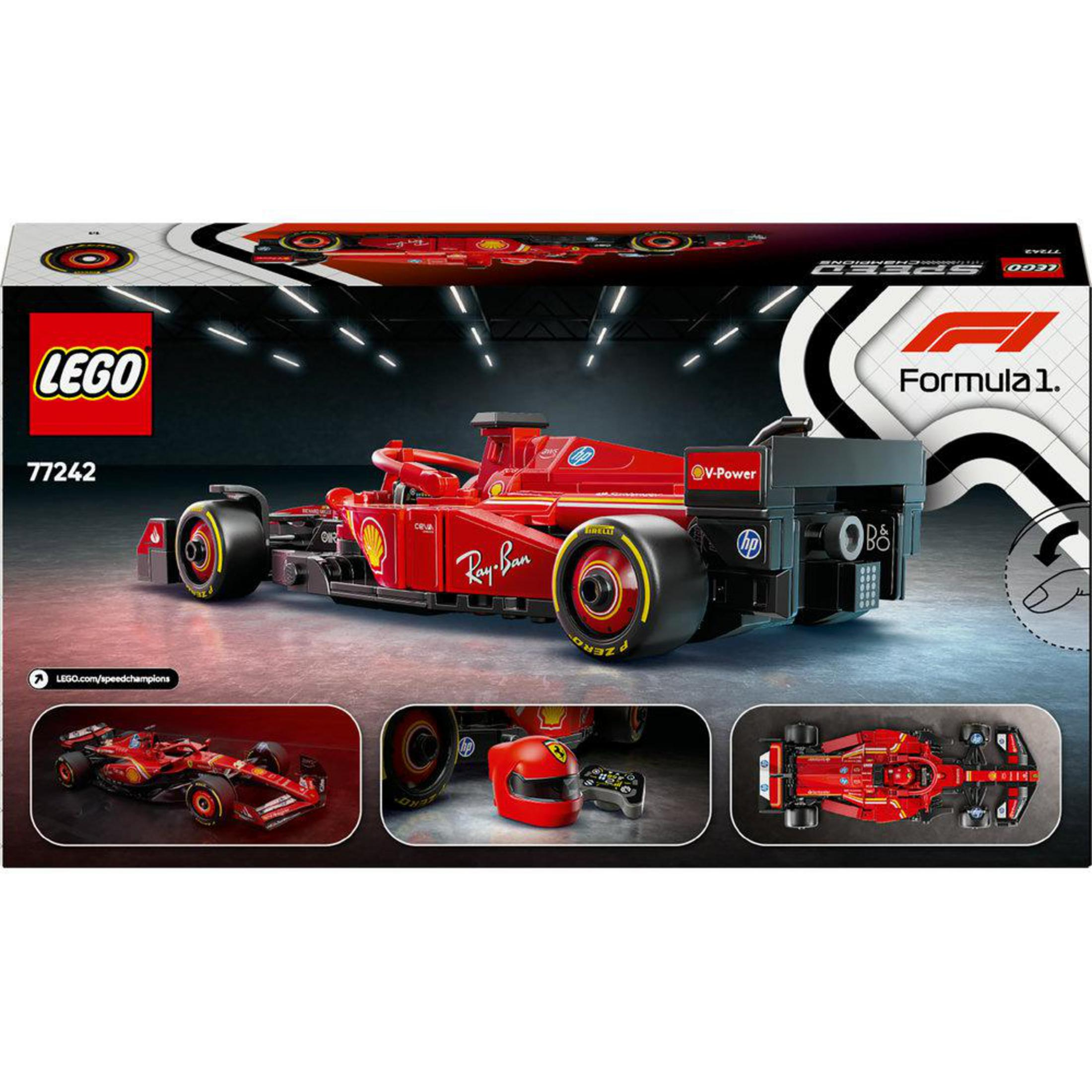 Model LEGO Formuły 1 Ferrari samochodu wyścigowego na pudełku ze zdjęciami samochodu i kasku.