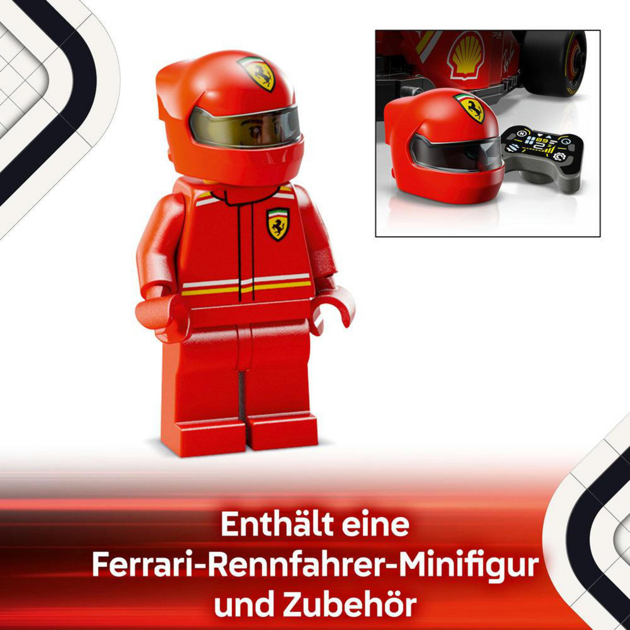 Minifigurka Lego zawodnika Ferrari w czerwonym kombinezonie i kasku, z akcesoriami.