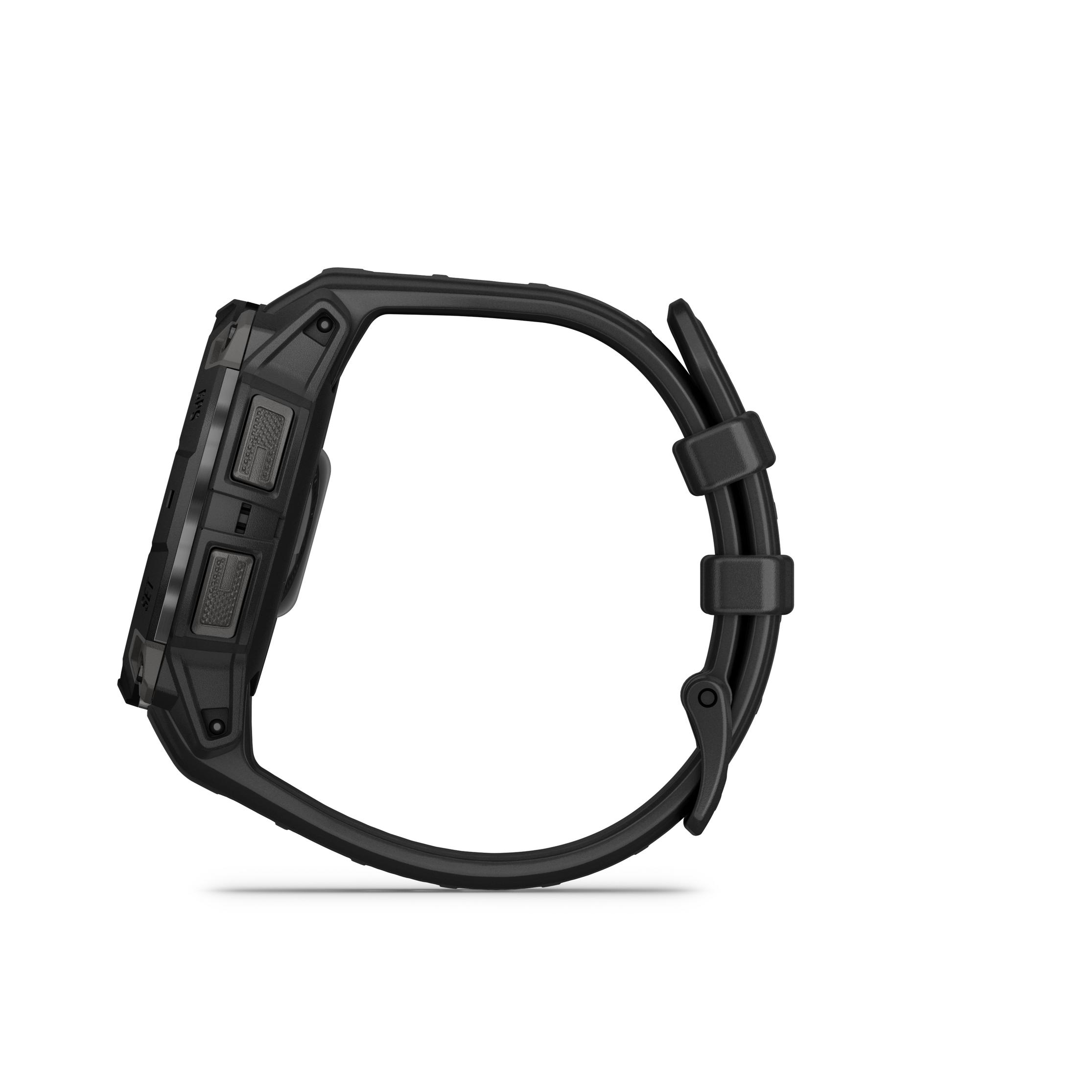 Schwarze Garmin Smartwatch, Seitenansicht. Zeigt Armband und Knöpfe. Schwarzes Armband. Seitenprofil der Uhr.
