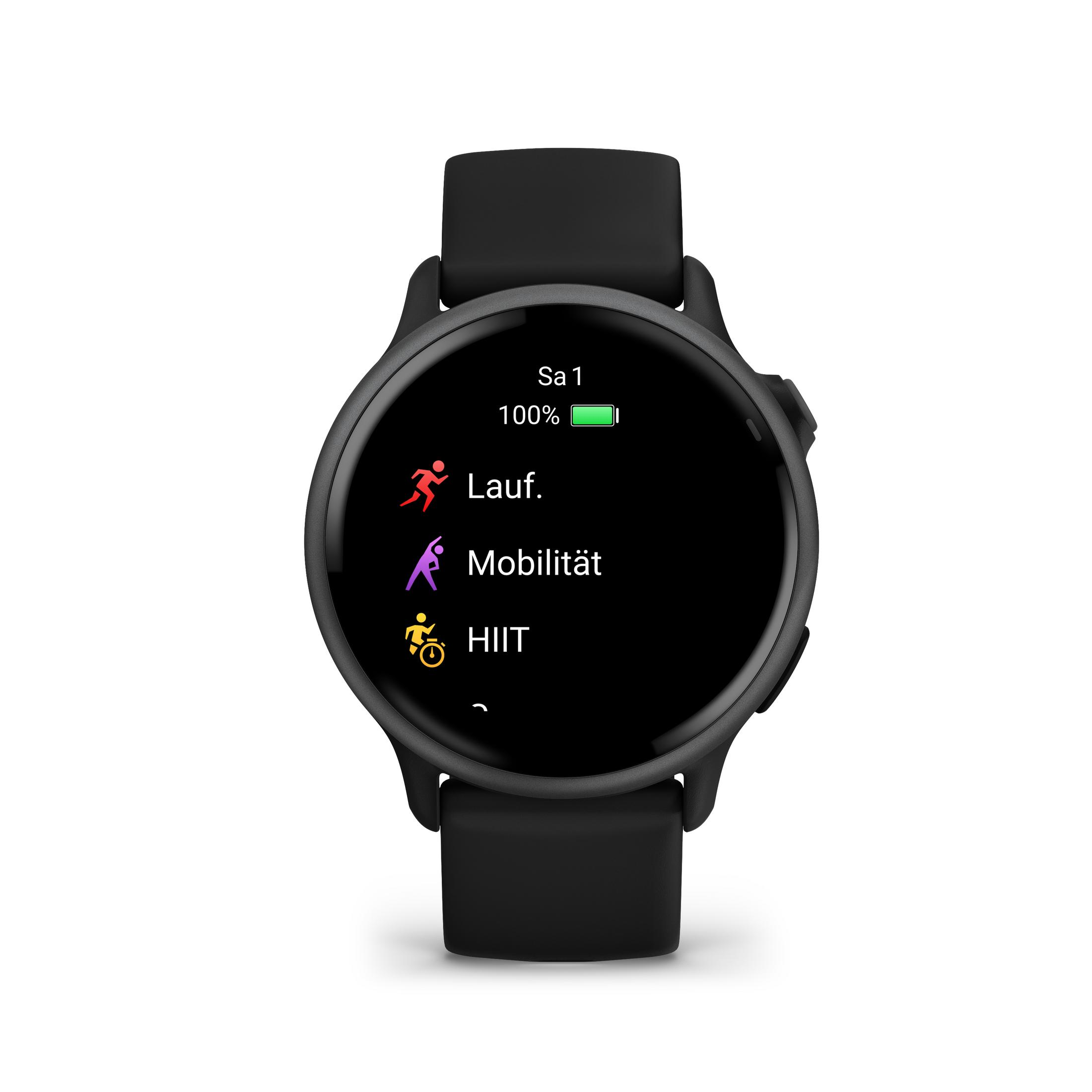 Czarny smartwatch z ikonami biegania, mobilności i HIIT na czarnym ekranie.