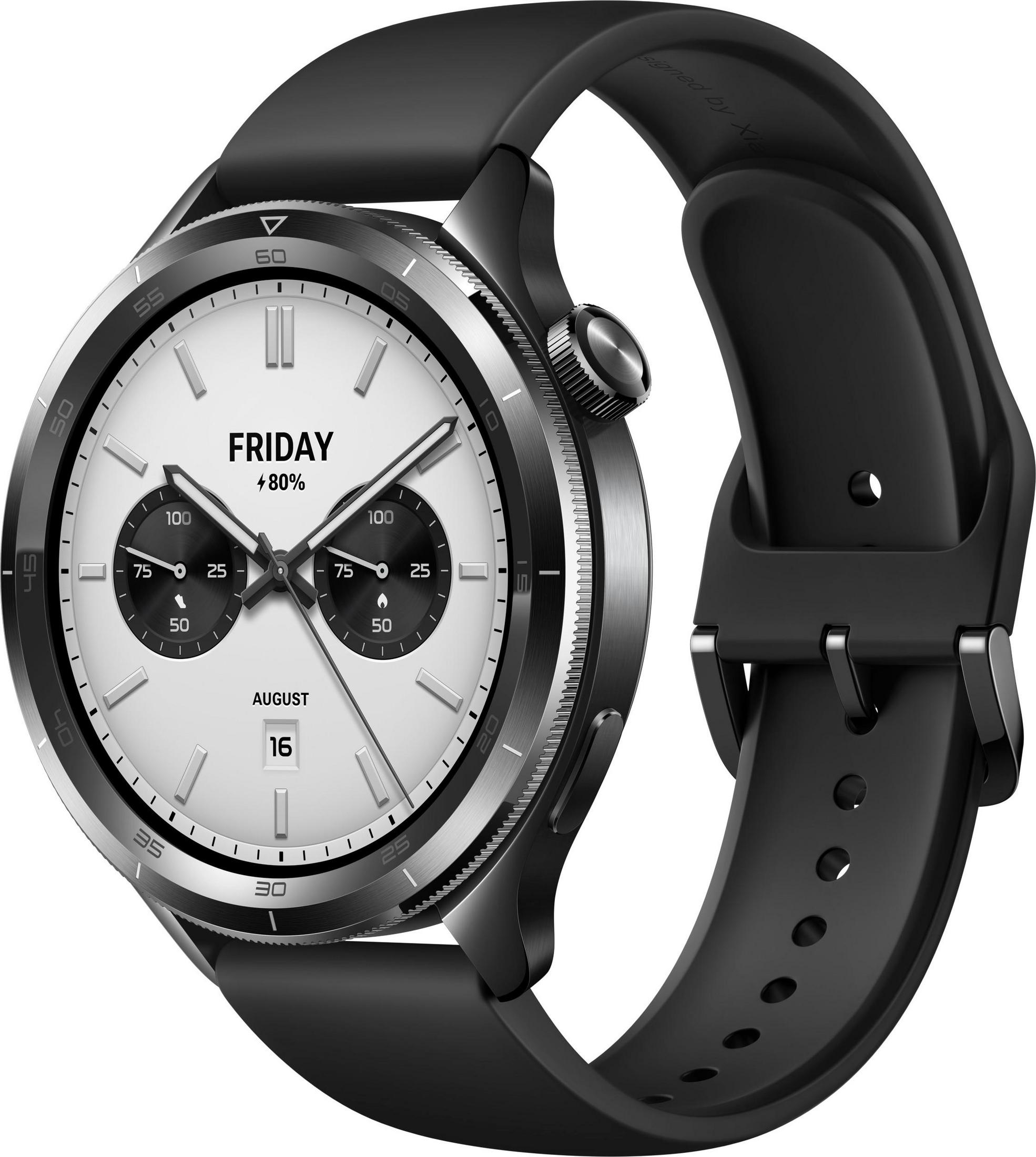 Czarny smartwatch z białą tarczą wyświetlającą czas i dane, z czarnym paskiem.