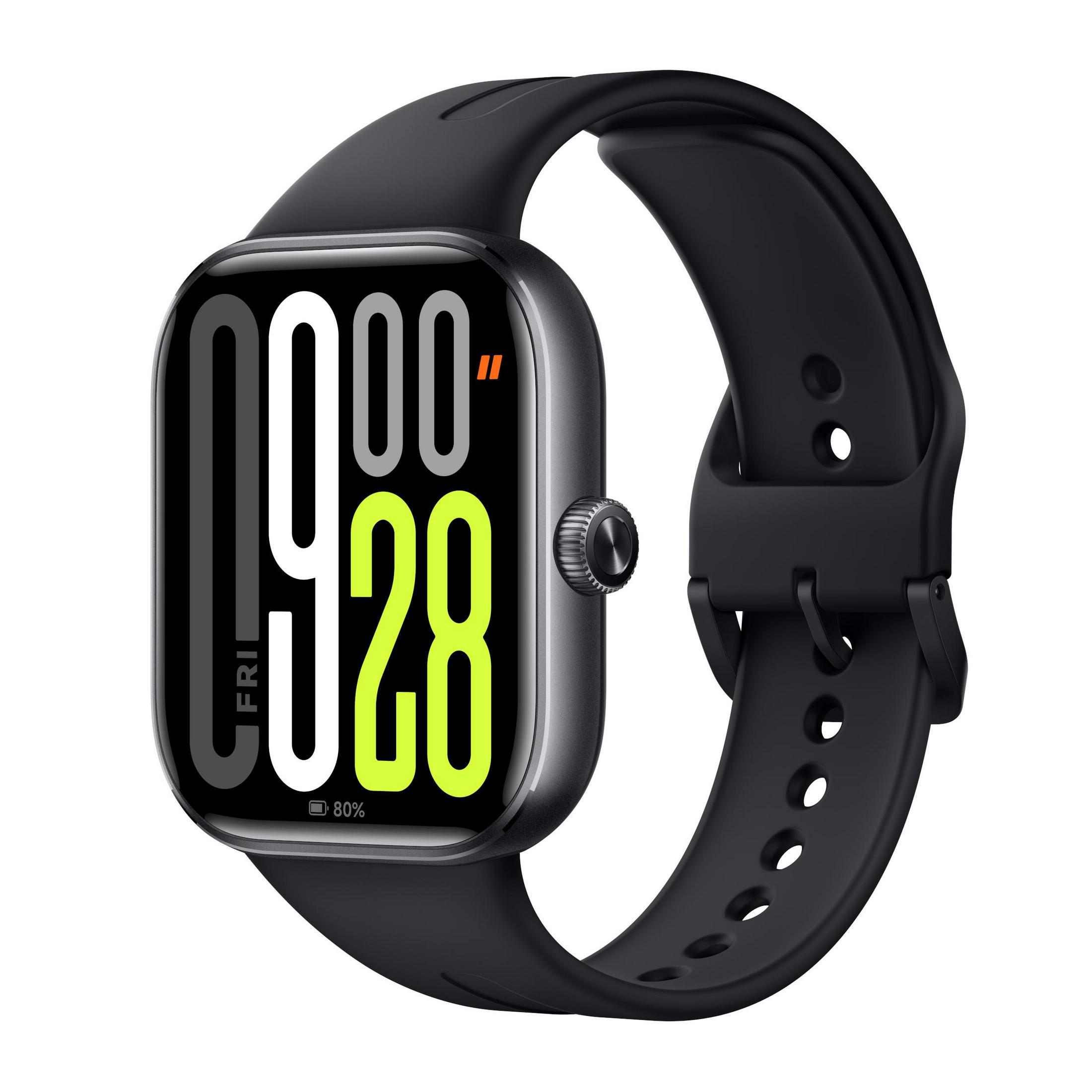 Smartwatch negra con pantalla cuadrada, mostrando hora y batería. Correa negra.