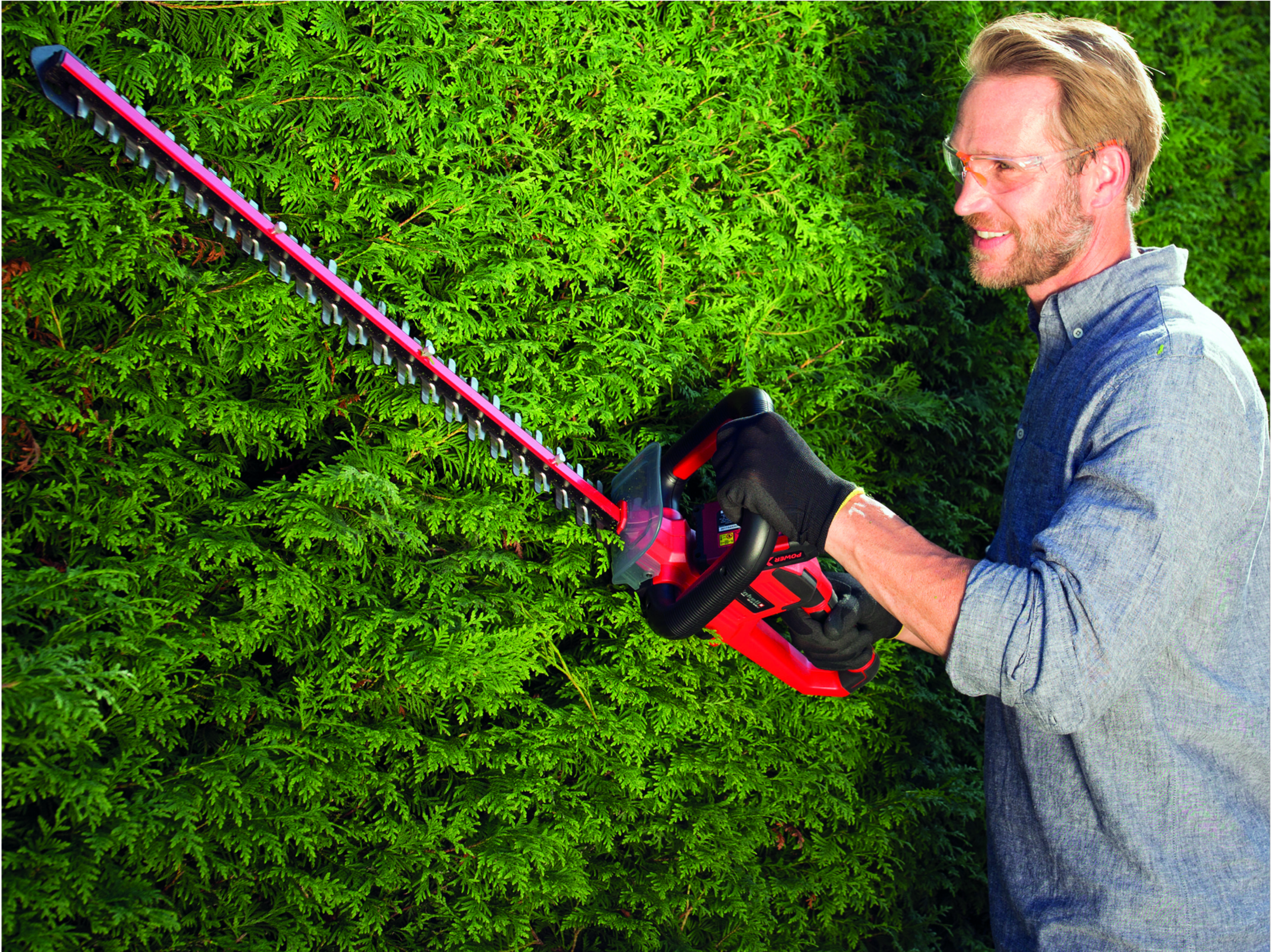 Ein Mann mit Schutzbrille benutzt eine rote Heckenschere an einer grünen Hecke.