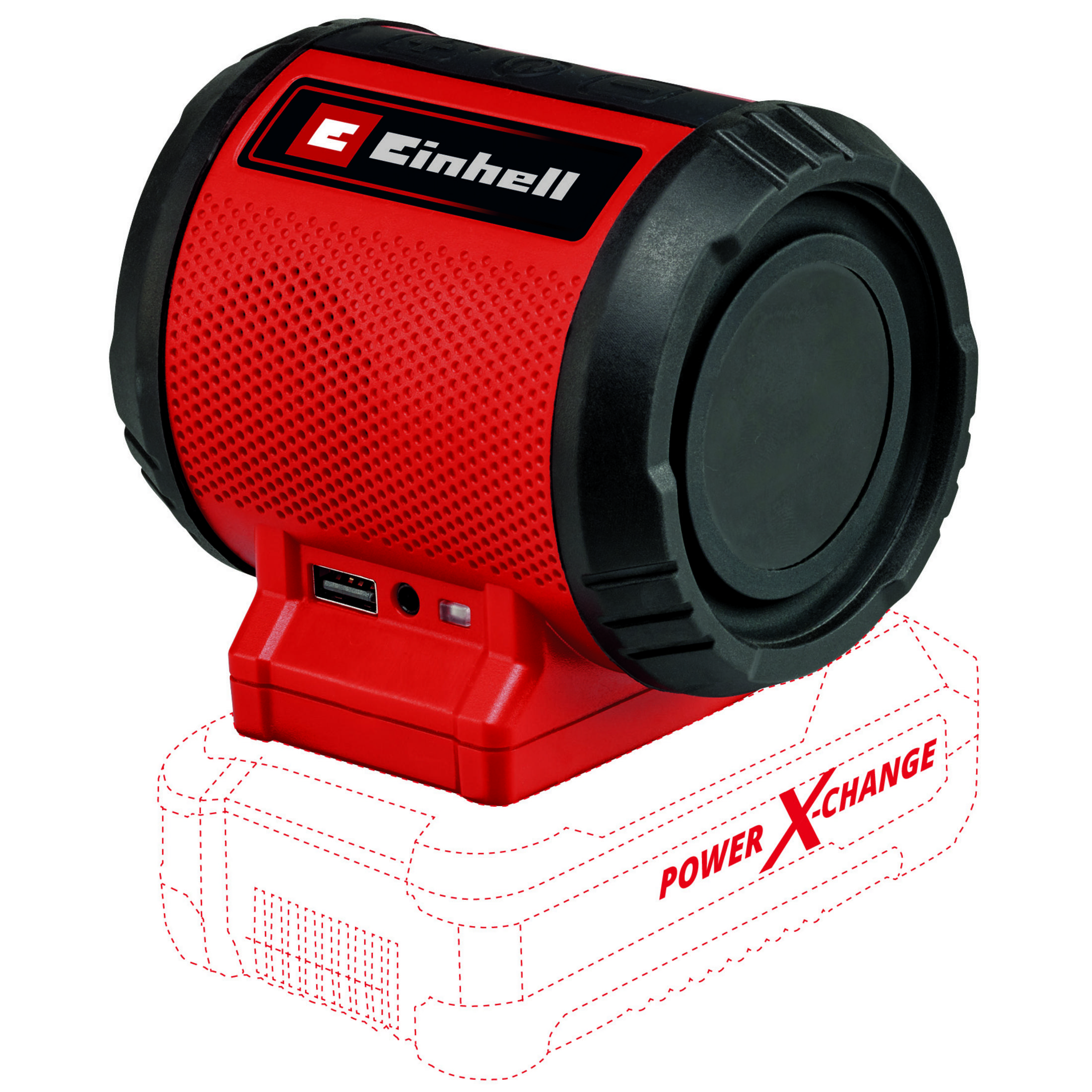 Un altoparlante rosso con accenti neri poggia su una base bianca. L'altoparlante ha il logo Einhell.