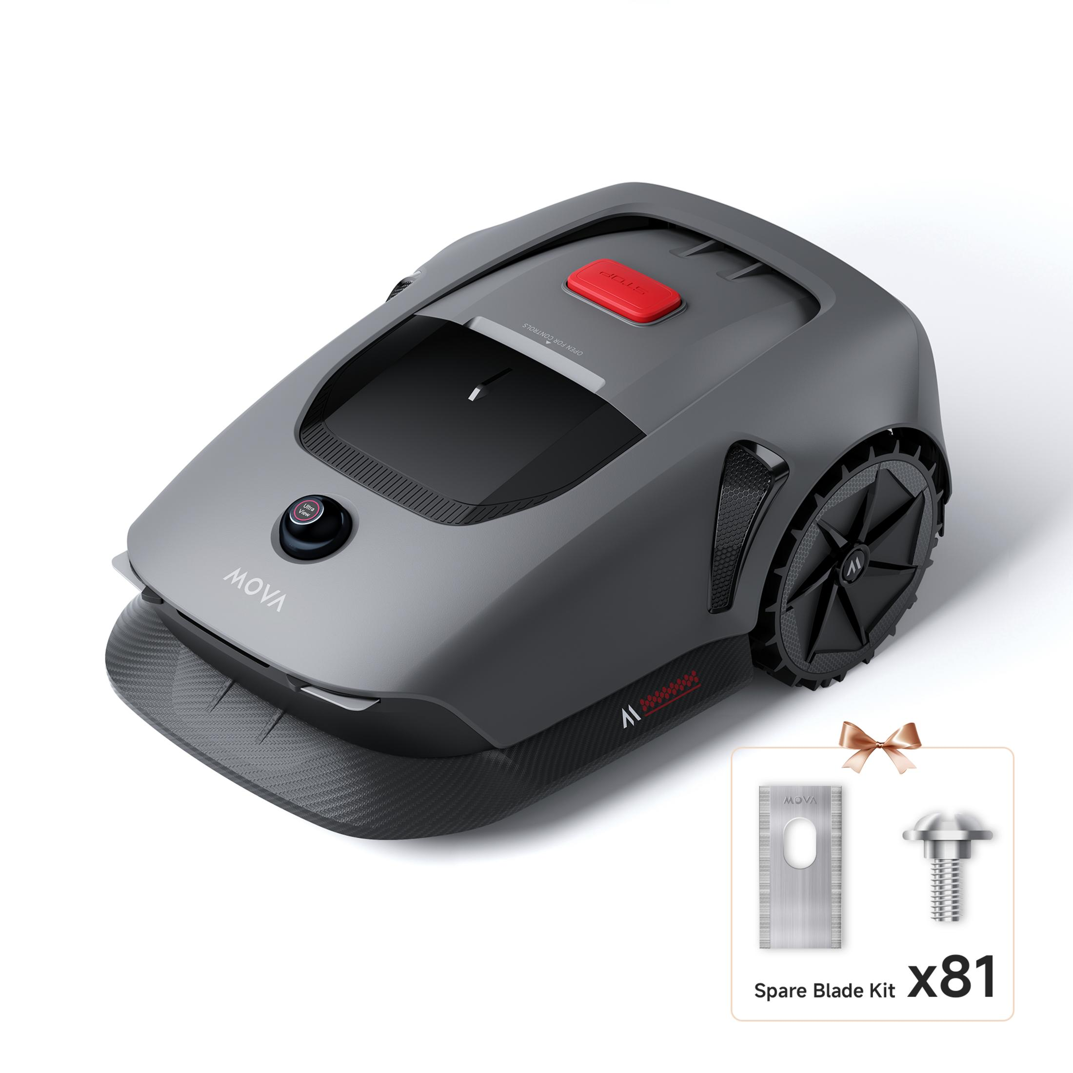 Grauer Roboter-Rasenmäher, roter Knopf, schwarze Räder, Ersatzmessersatz, weißer Hintergrund, Produktfotografie.