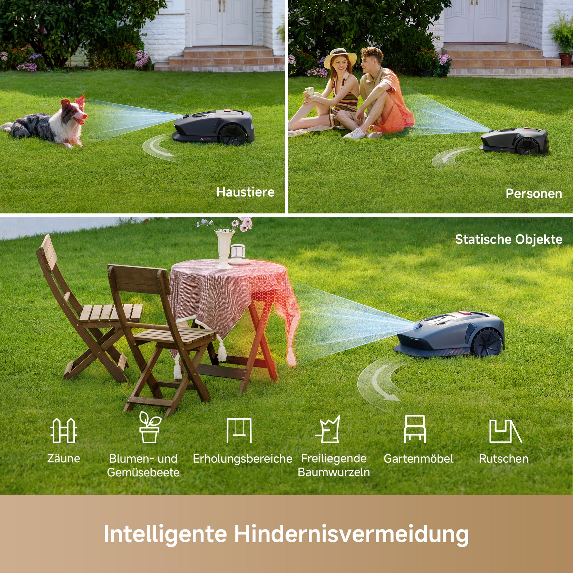 Collage von Rasenmäherszenen mit Haustieren, Menschen und Objekten.