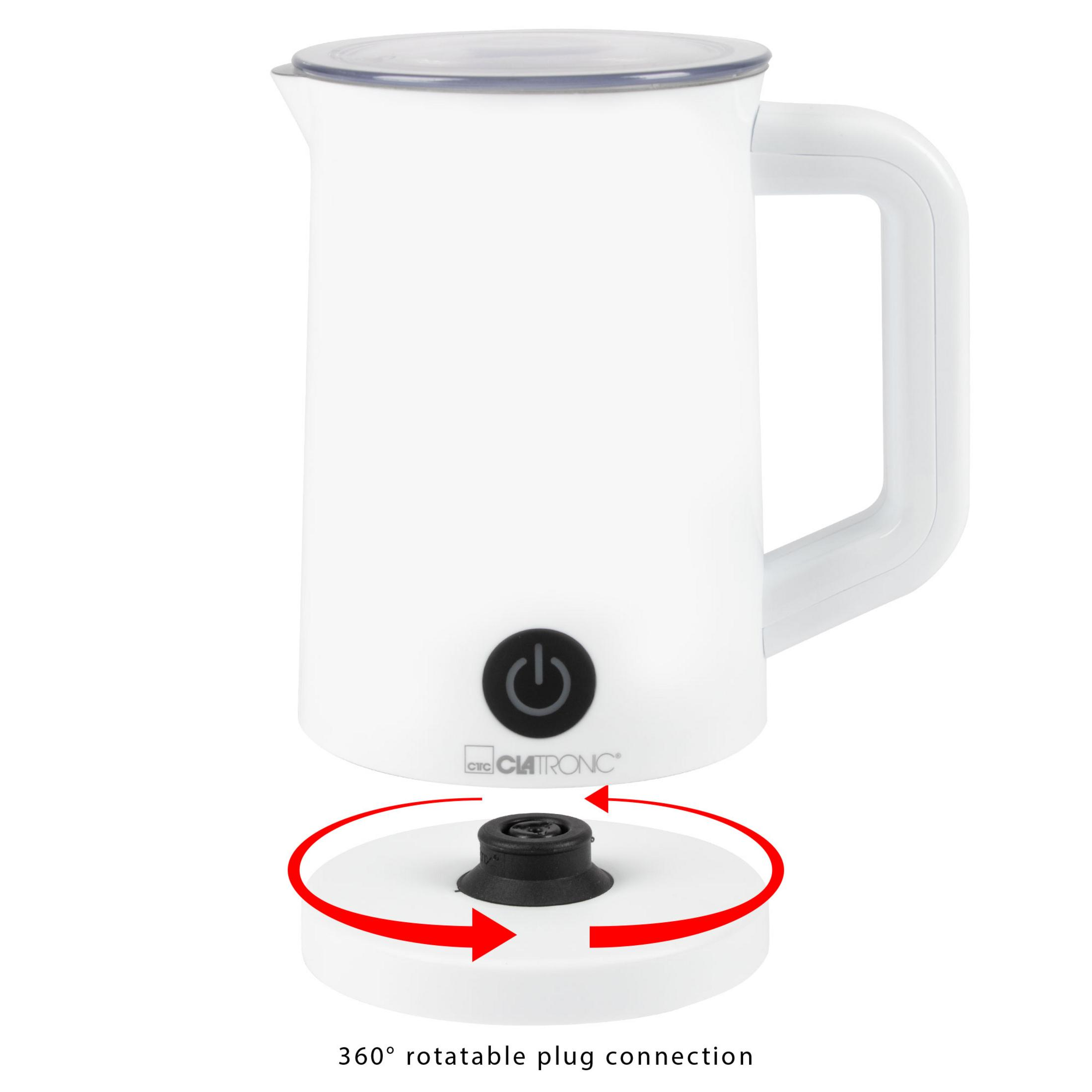 Biały elektryczny spieniacz do mleka na białej podstawie. Czerwone strzałki wskazują połączenie wtykowe 360°.