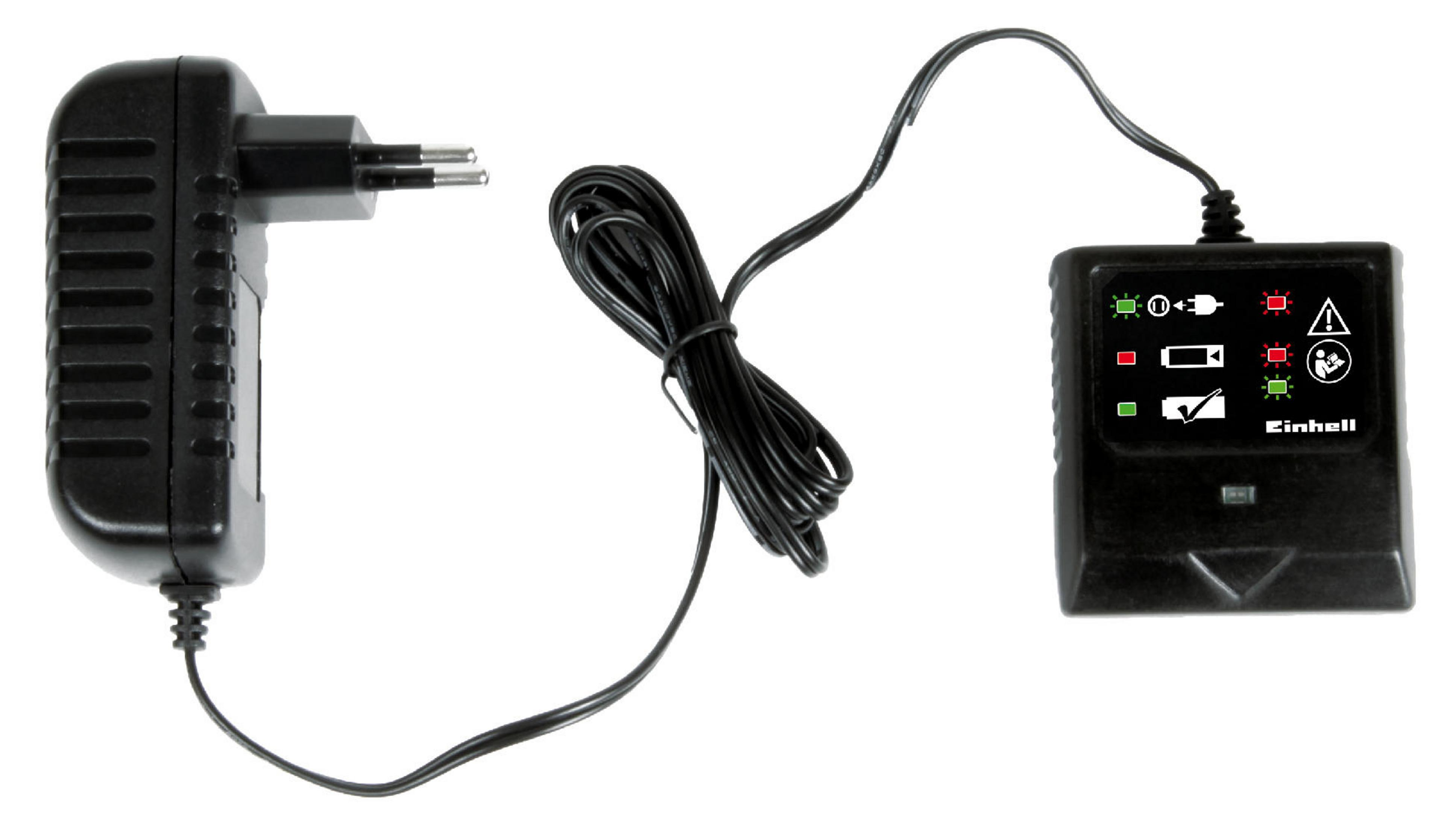 Adaptador de corriente negro y unidad de carga con luces y símbolos. Fondo blanco.