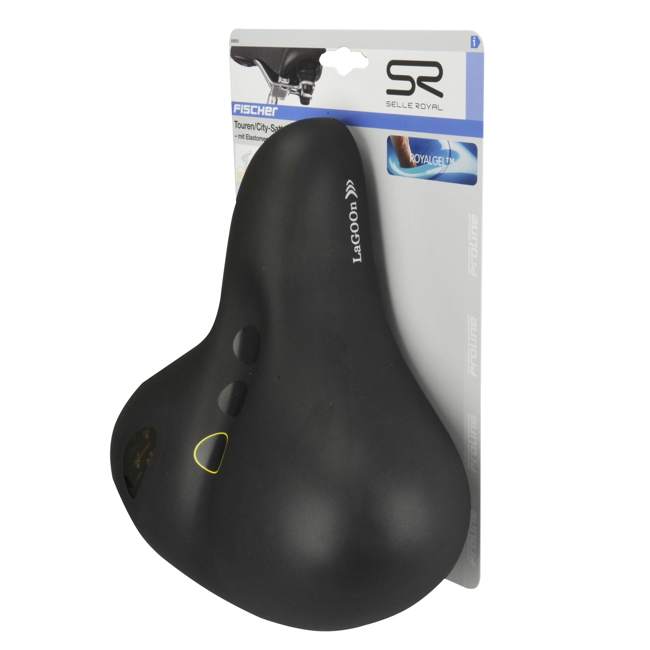 Schwarzer Fahrradsattel auf weißem Hintergrund mit Produktverpackung. Der Sattel ist von der Marke Lagoon.