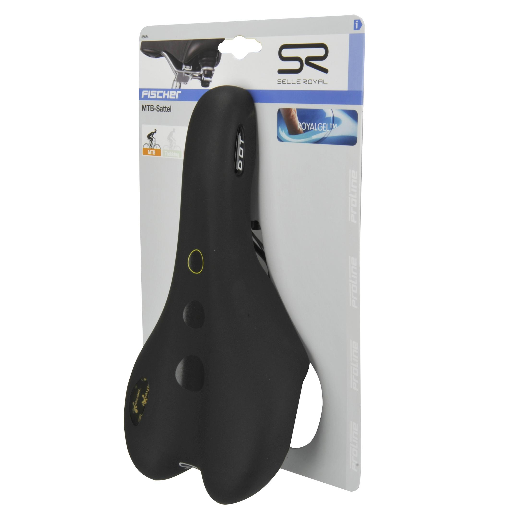Schwarzer Fahrradsattel auf weißem Hintergrund mit Produktverpackung. Er hat eine schwarze Basis.