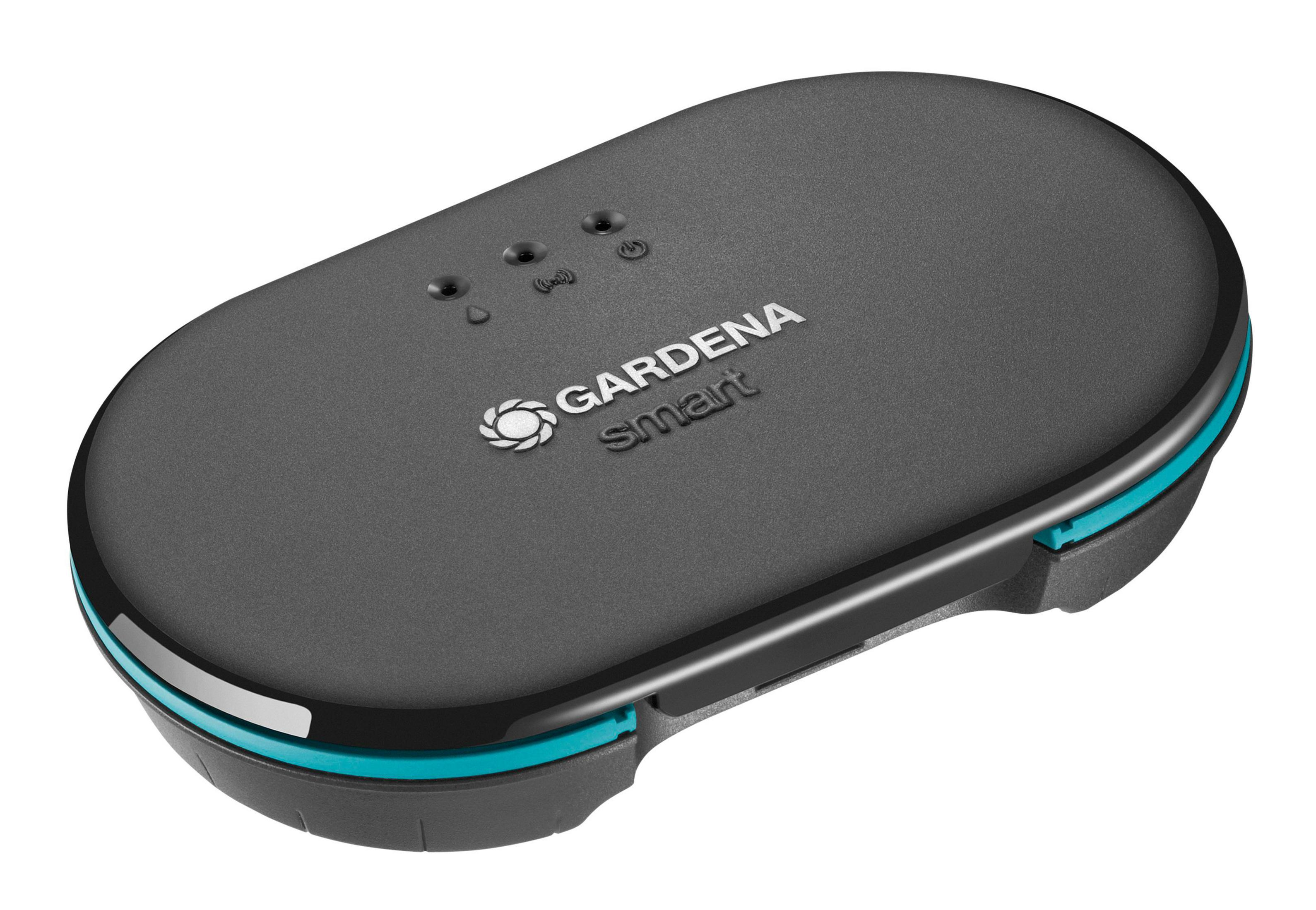 Zbliżenie na czarne i turkusowe urządzenie GARDENA Smart. Urządzenie ma trzy światła i logo Gardena Smart.