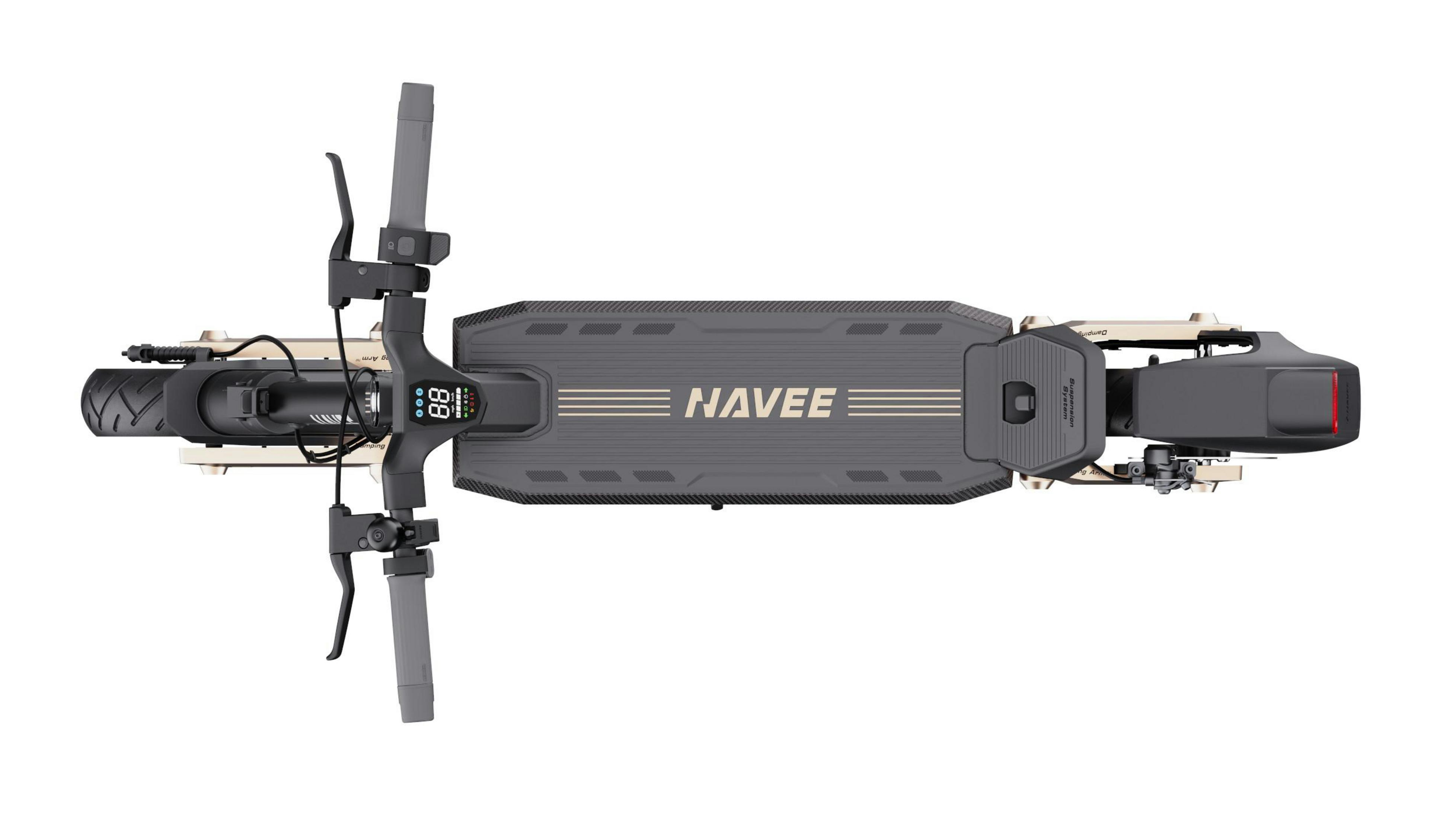 Draufsicht auf einen NAVEE E-Roller, der sein Deck-Design und seine Komponenten vor weißem Hintergrund zeigt.