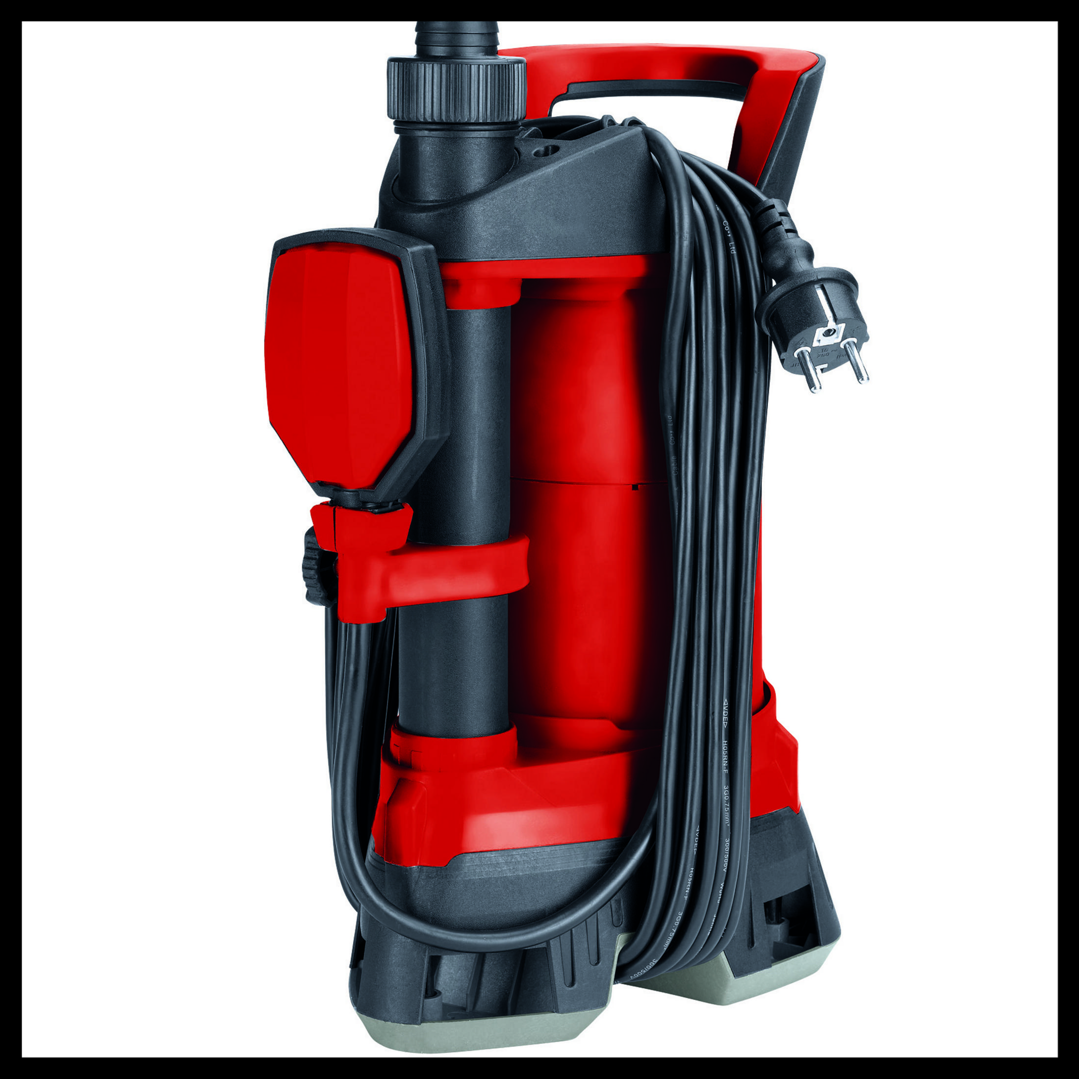 Eine rote Wasserpumpe mit schwarzem Griff und Kabel. Das Kabel ist um die Pumpe gewickelt.