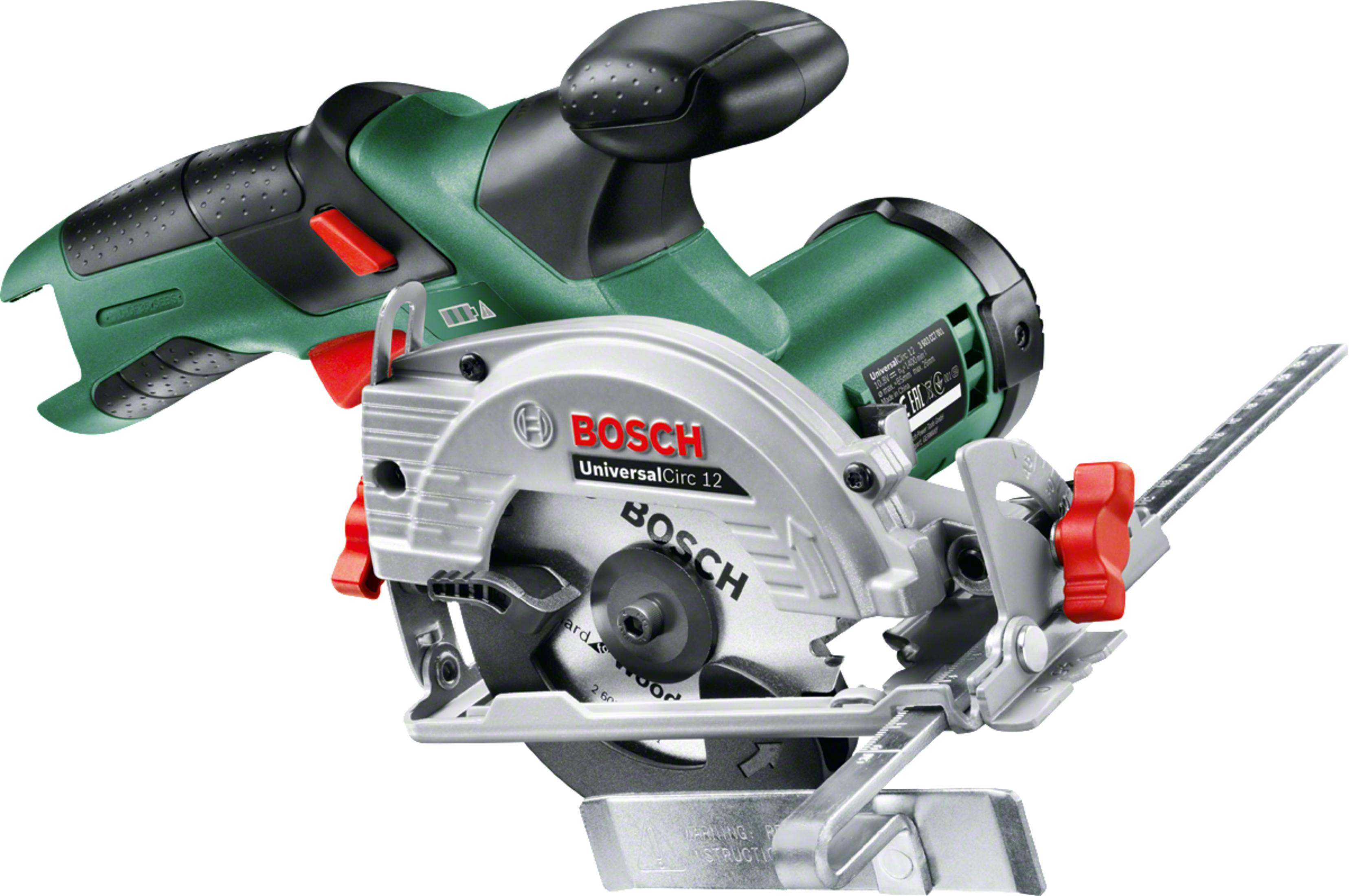 Srebrna i zielona piła tarczowa z czarnym uchwytem i czerwonymi akcentami. Marka to BOSCH.