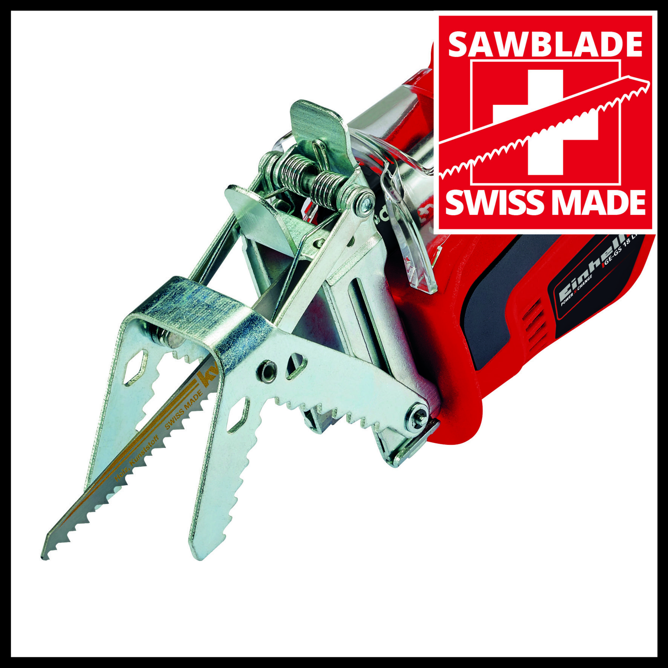 Nahaufnahme einer roten Einhell Stichsäge. Sägeblatt und Swiss Made Logo sind sichtbar. Silberne und klare Teile.