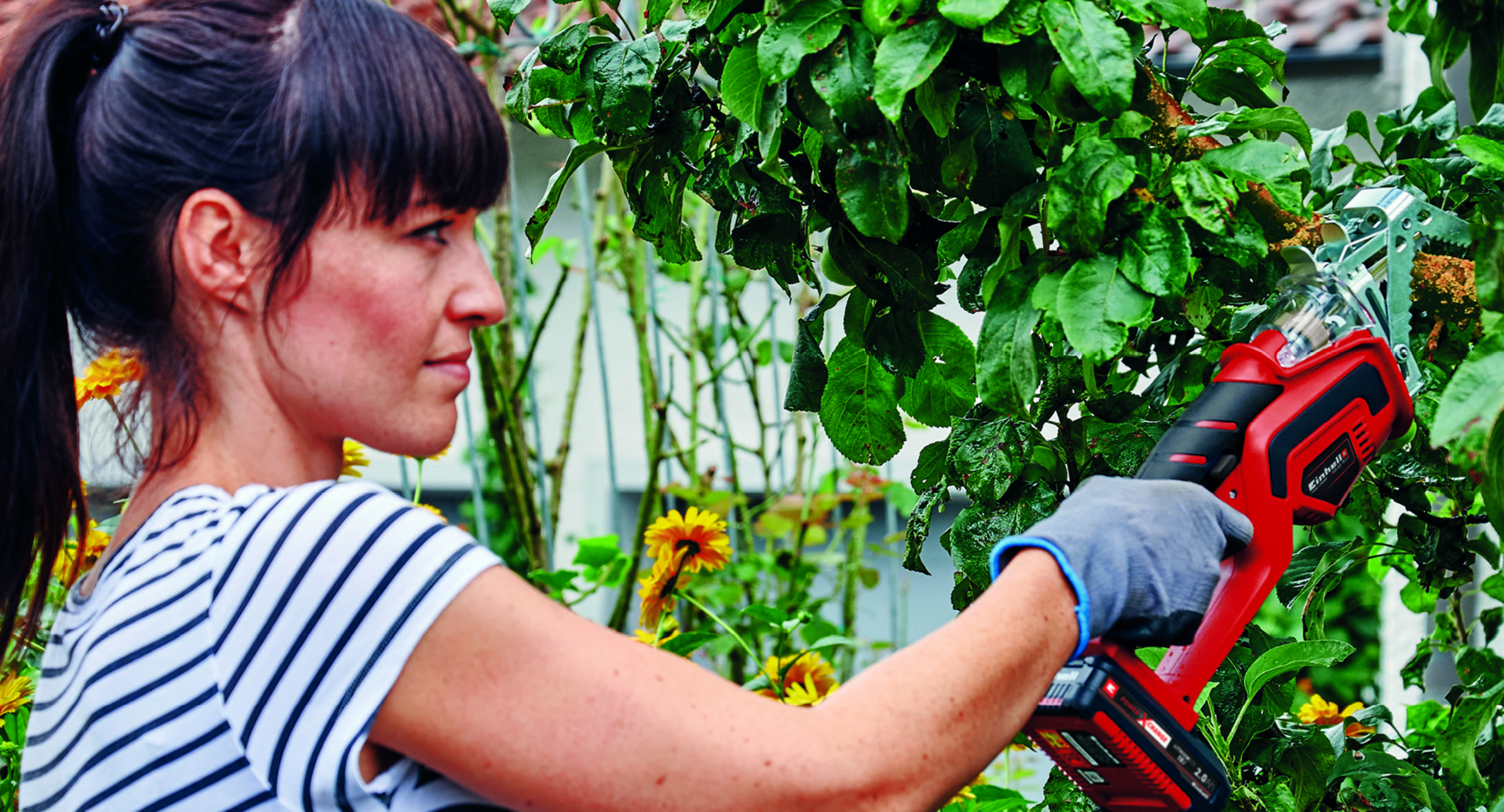 Frau schneidet einen Busch mit einem roten Einhell Werkzeug. Grüne Blätter und Blumen im Hintergrund.