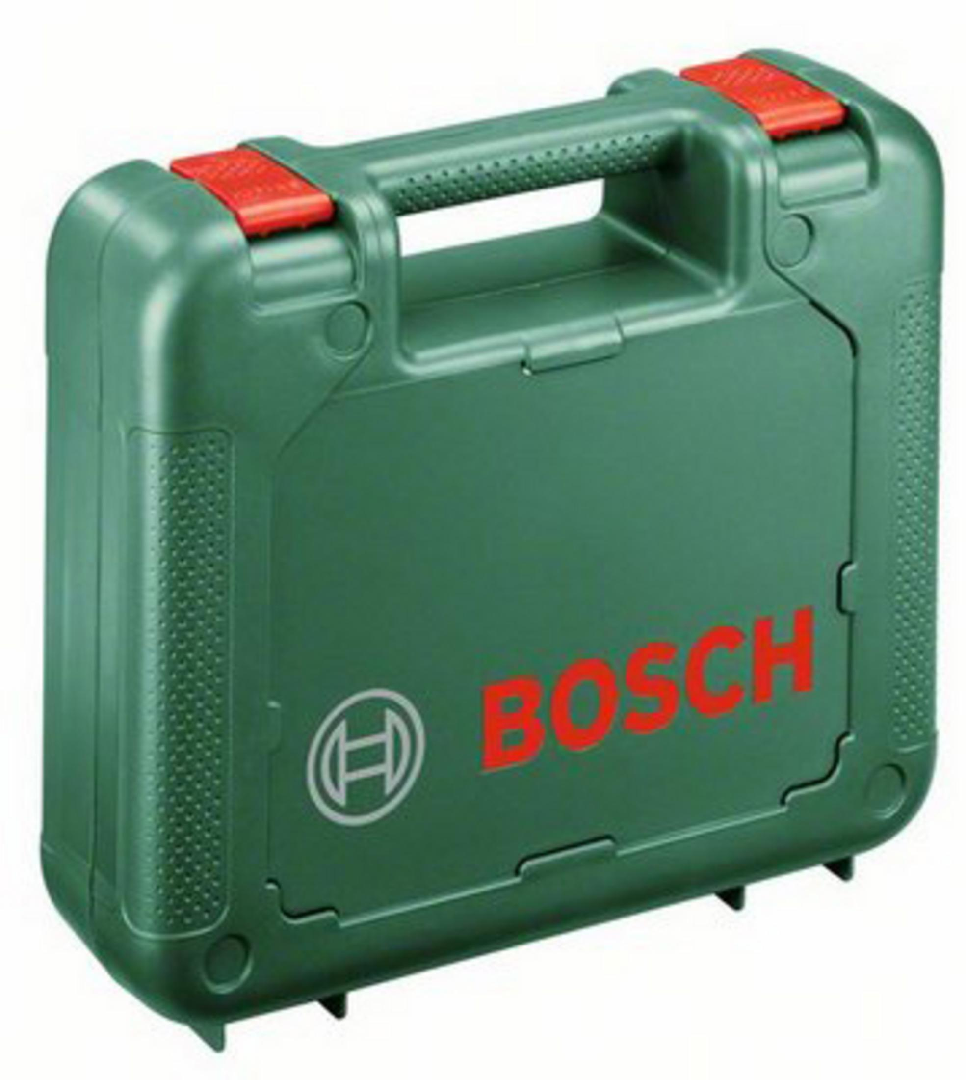 Caja de herramientas verde Bosch con clips de asa rojos.