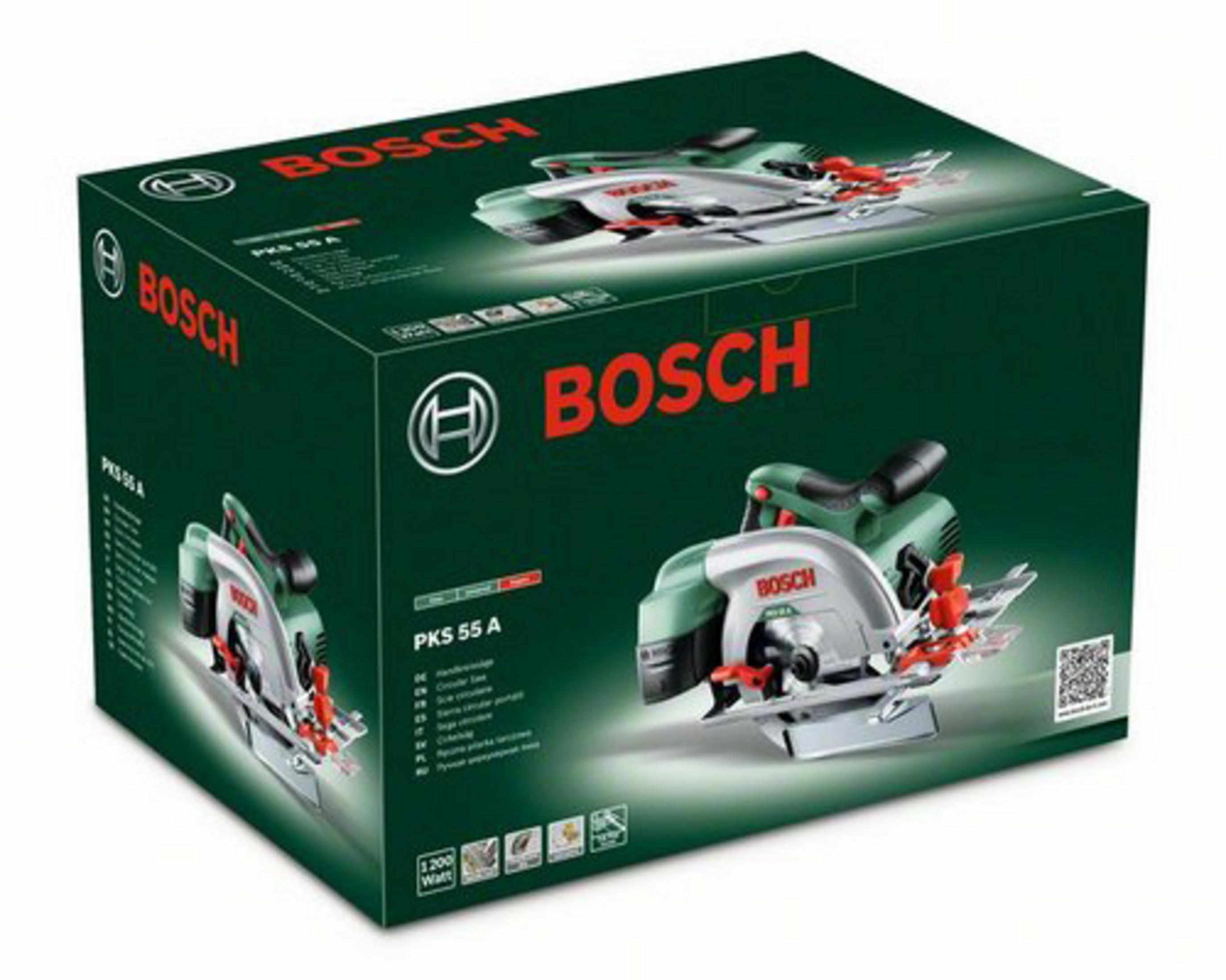 Grüne Box mit einem Kreissägenbild darauf. Bosch-Logo auf der Box, weißer Hintergrund.