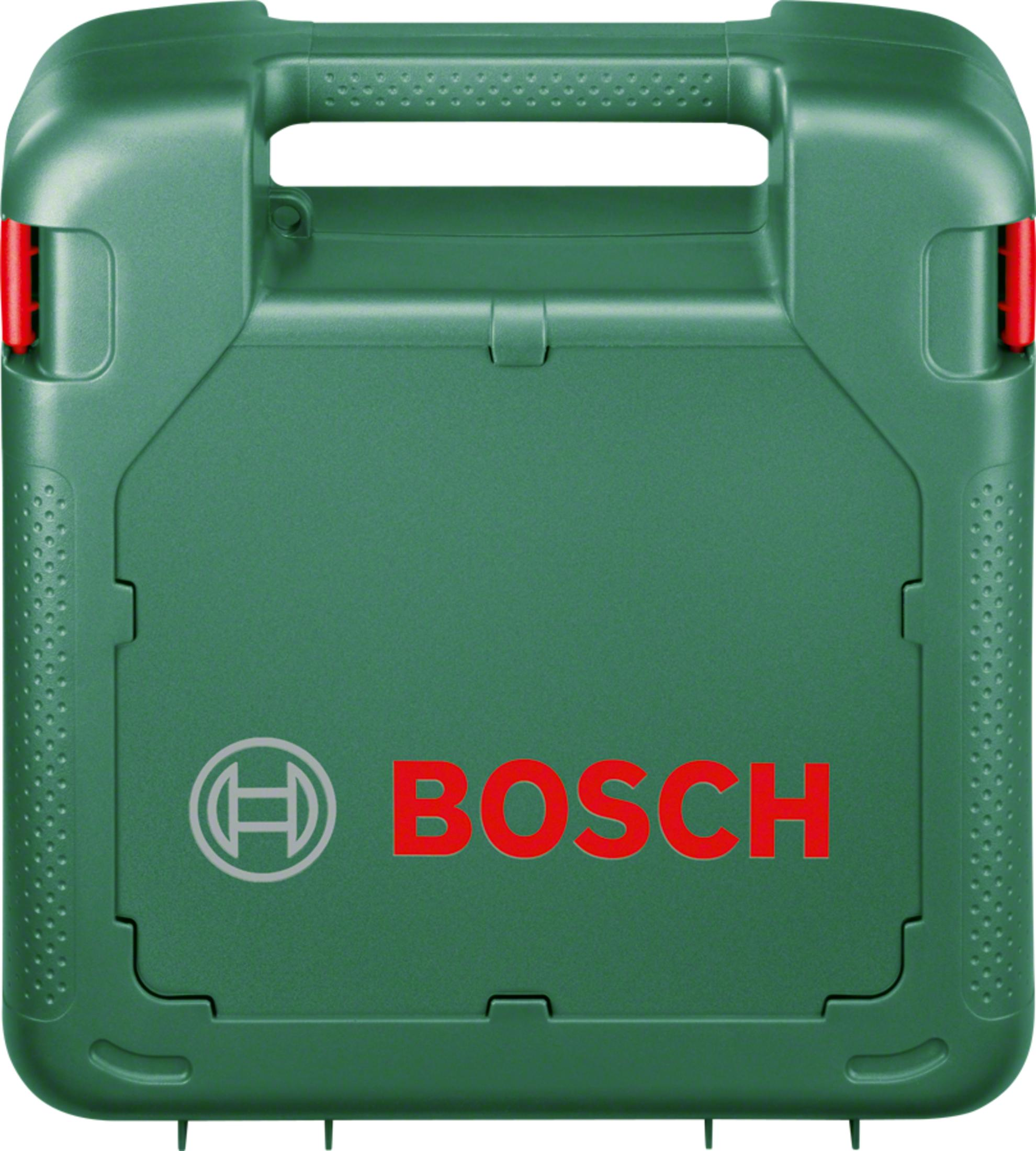 Zielona skrzynka narzędziowa z czerwonymi detalami i napisem BOSCH.