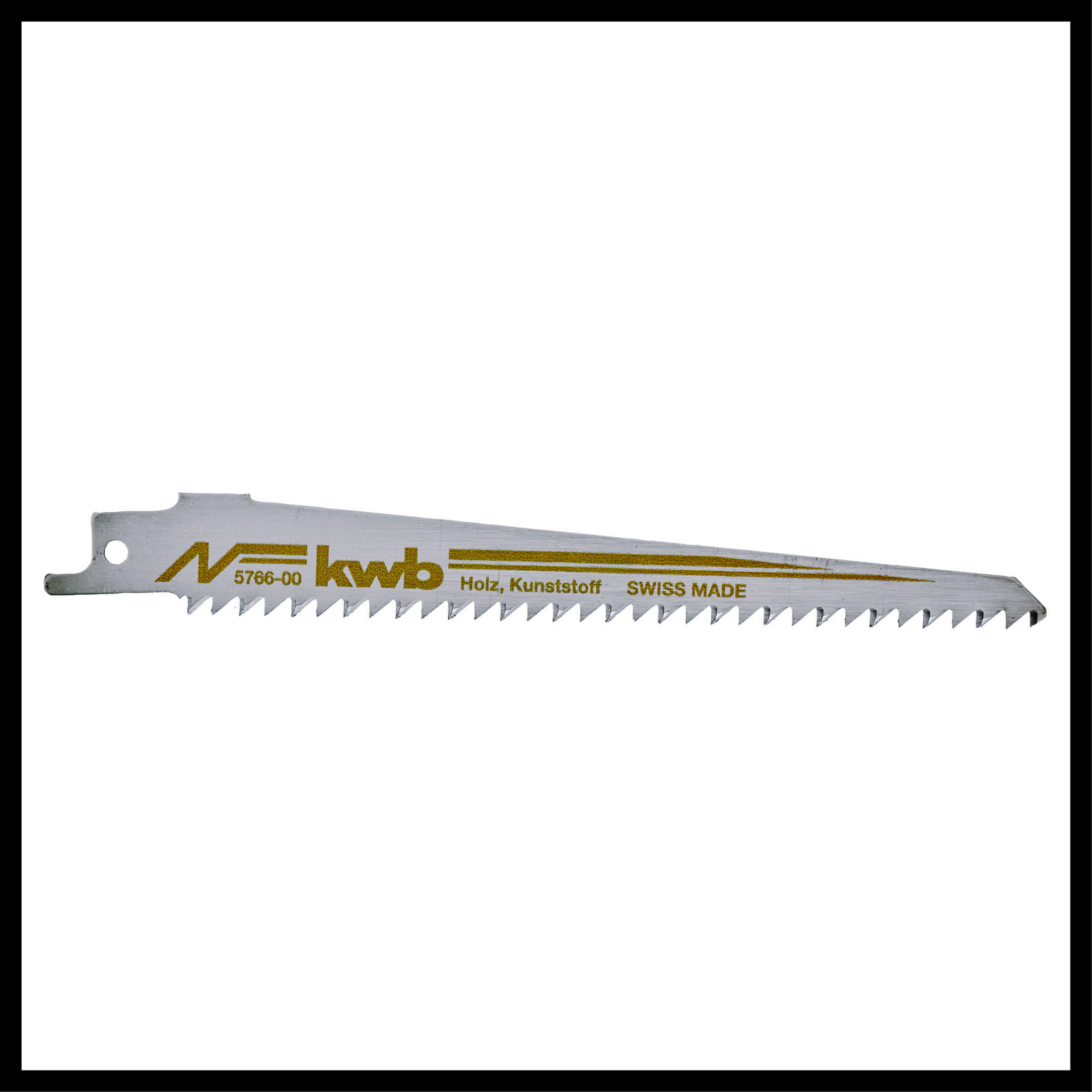 Metalowe ostrze piły z zębami, tekstem i oznaczeniami marki na białym tle.