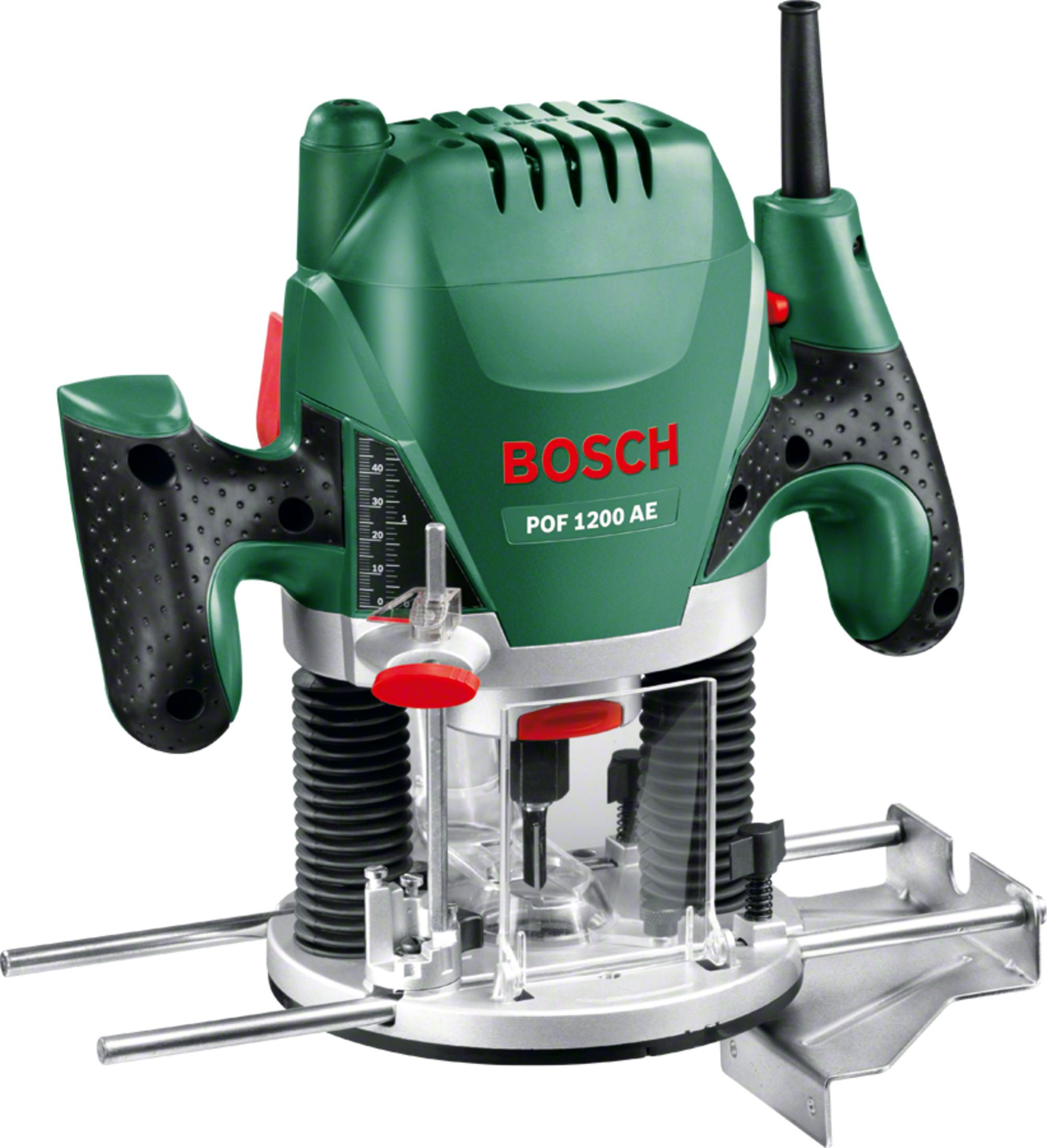Una fresadora Bosch verde. La herramienta está etiquetada POF 1200 AE. La herramienta tiene una base metálica.