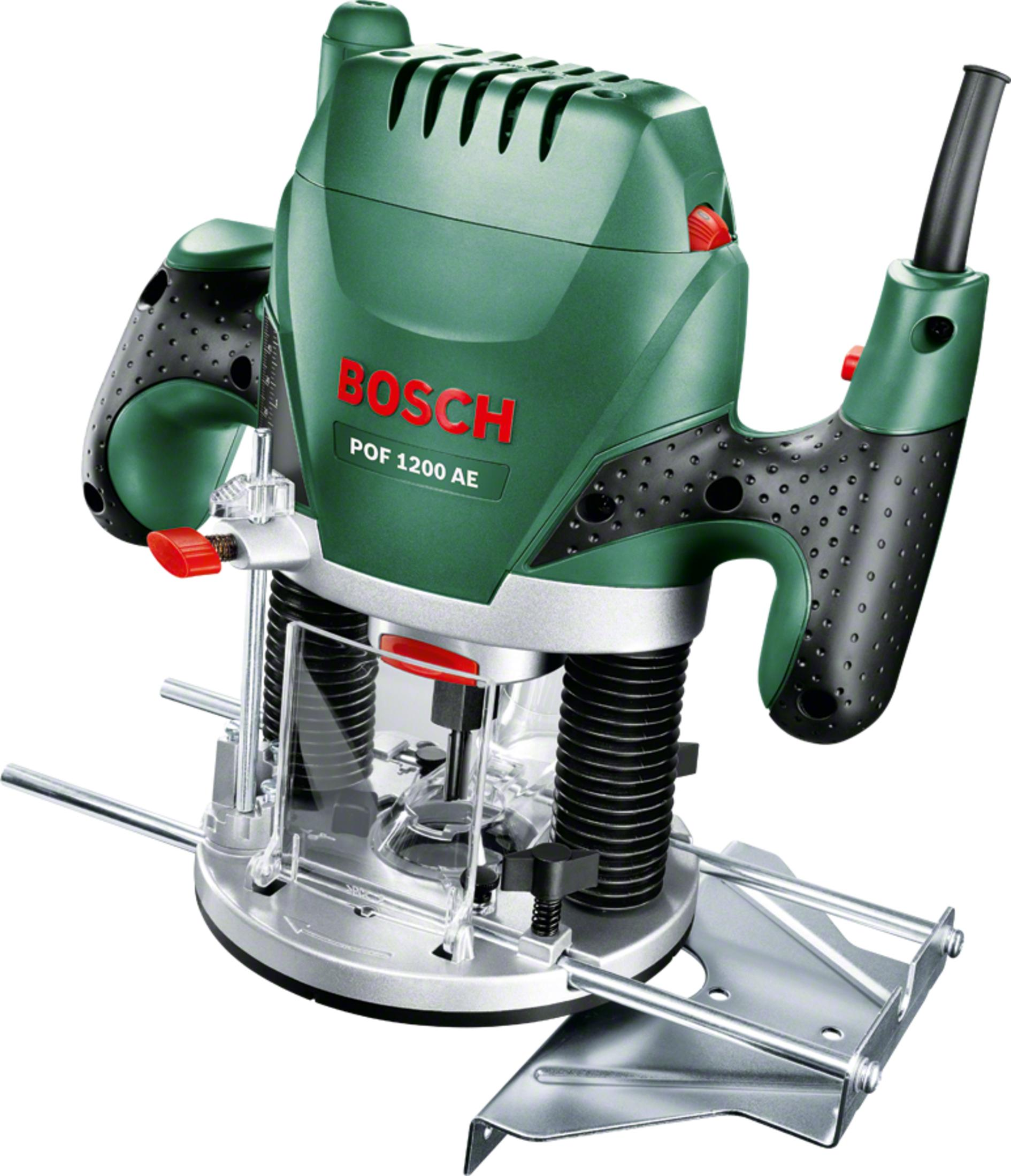 Una fresadora Bosch verde. La herramienta está etiquetada POF 1200 AE. La herramienta está sobre una base metálica.
