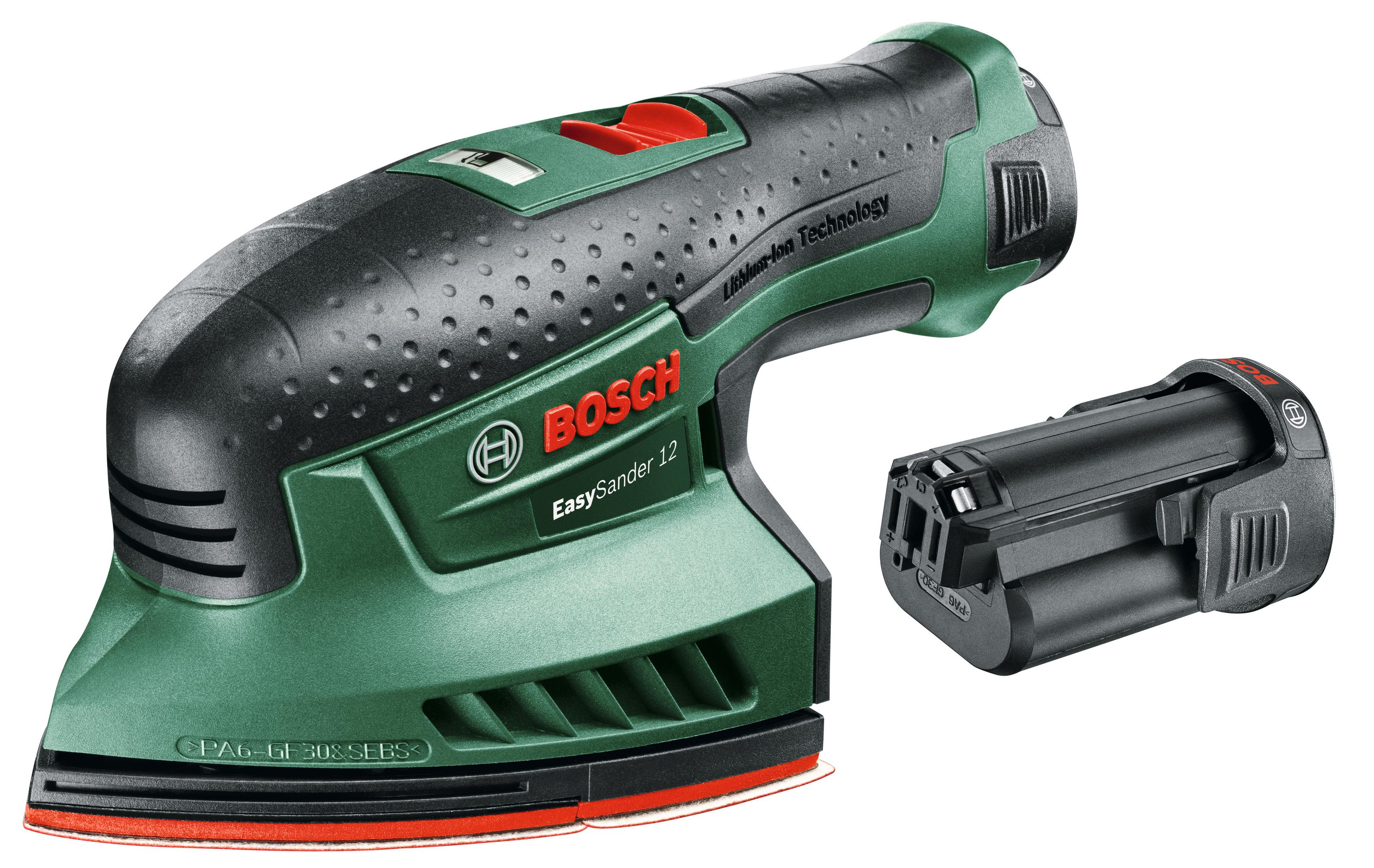 Bosch EasySander 12 vert et noir, avec une batterie noire à côté, sur fond blanc.