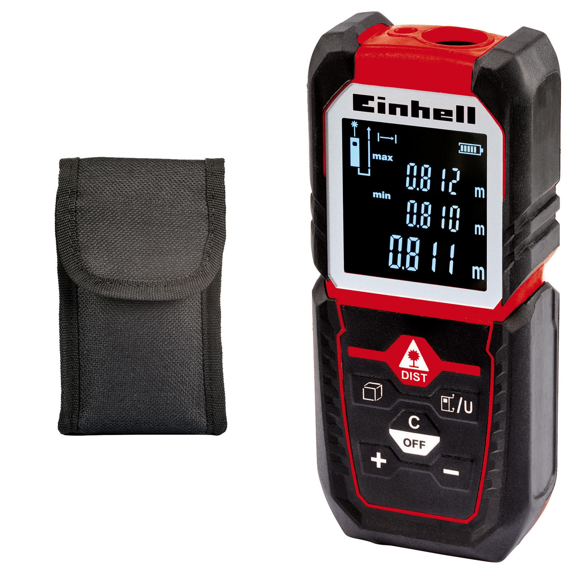 Schwarzes und rotes Einhell Laser-Entfernungsmessgerät mit schwarzer Tragetasche.