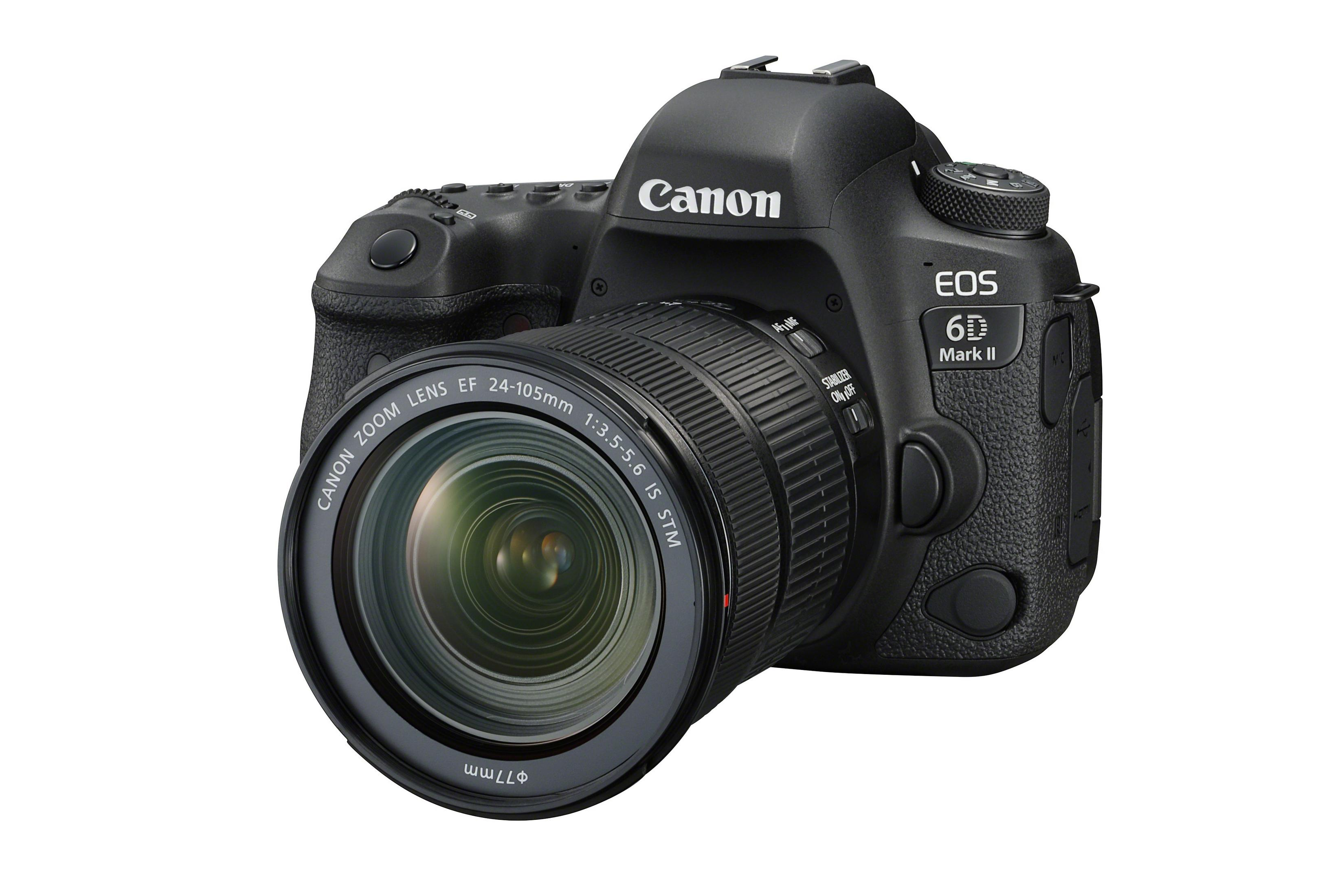 Schwarze Canon EOS 6D Mark II Kamera mit Objektiv, auf weißem Hintergrund.