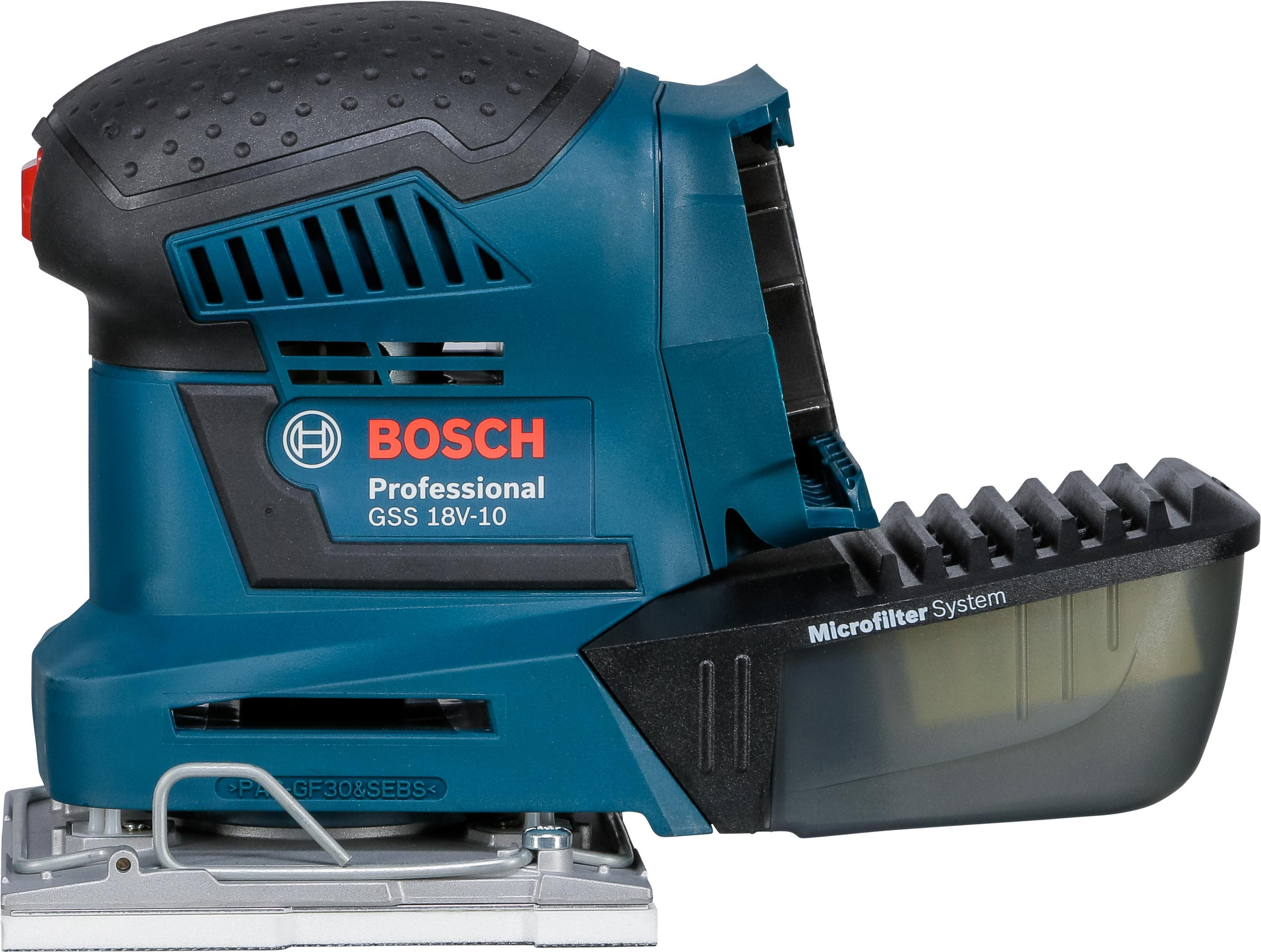 Ein blauer und schwarzer Bosch-Schleifer mit einem Staubfangkasten.