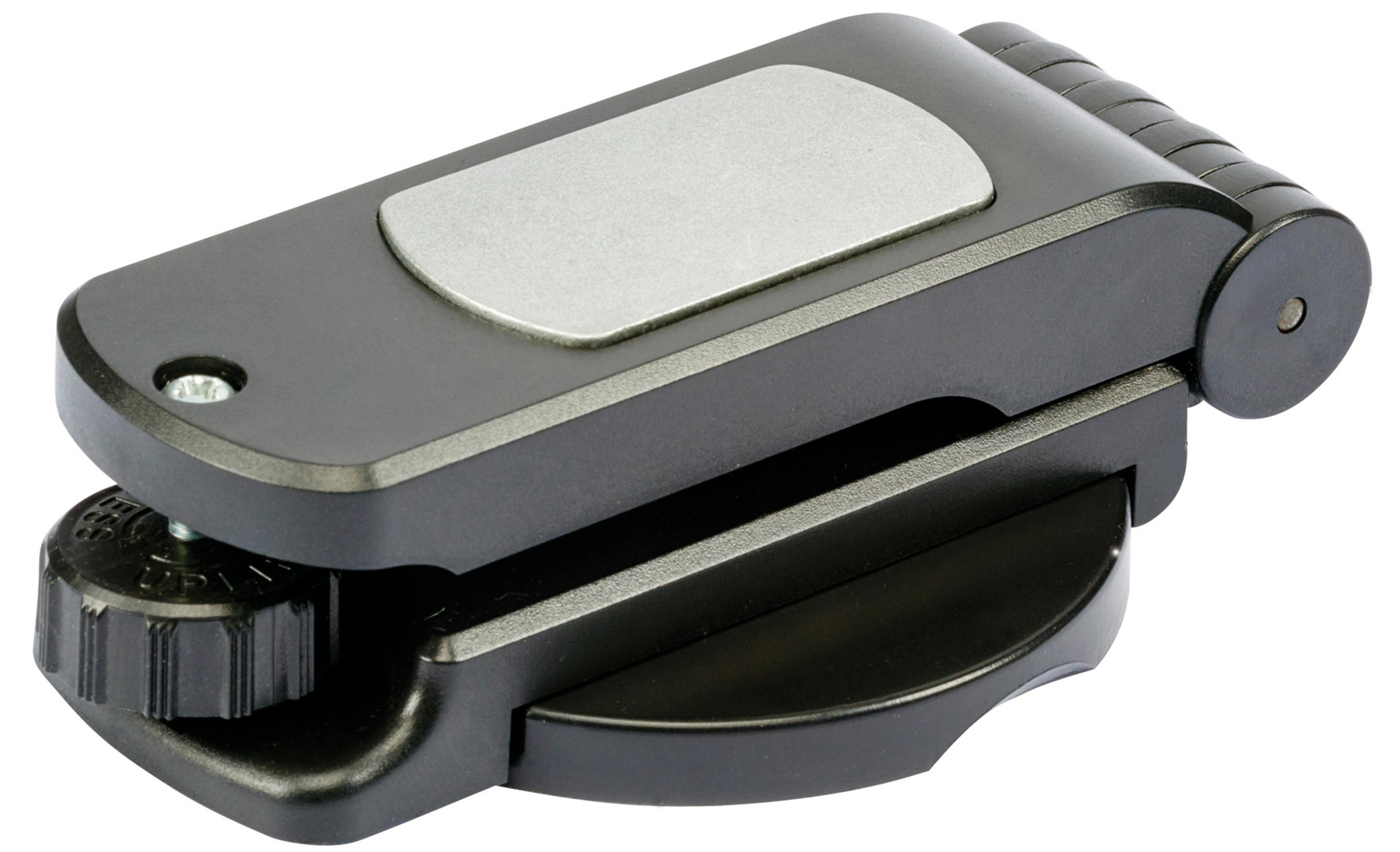 Czarno-szare narzędzie ze srebrnym przyciskiem i czarnym pokrętłem regulacji.