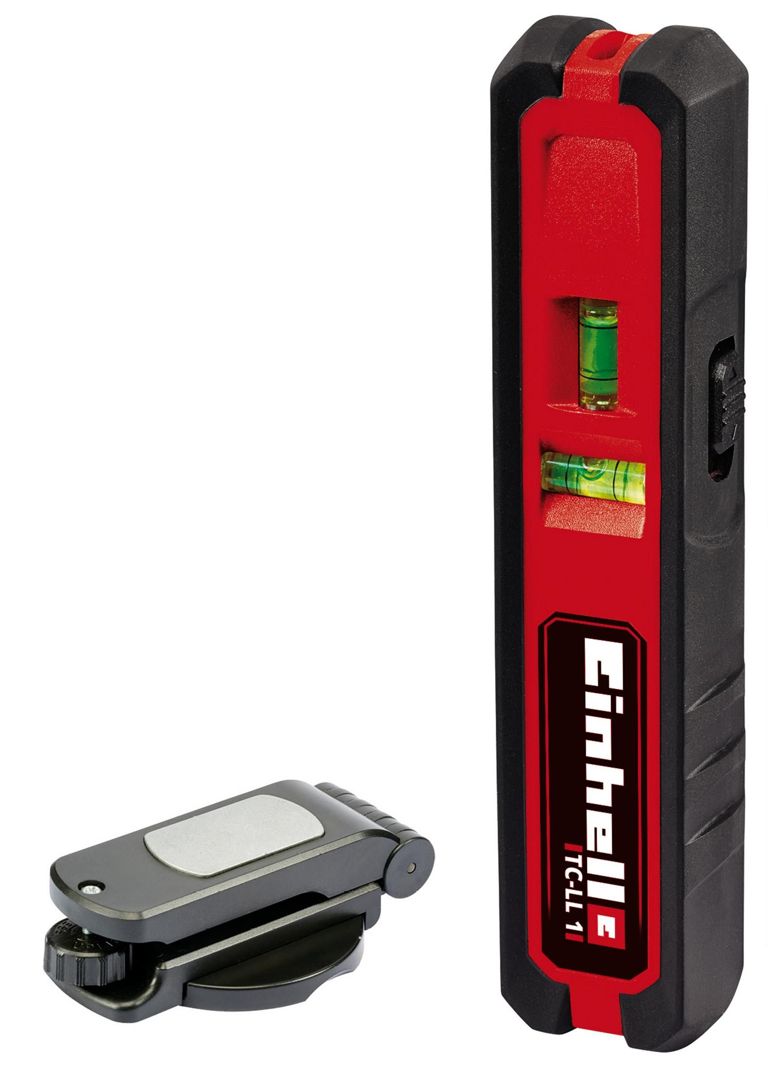 Czarny i czerwony poziom z poziomicą. Ma czarną podstawę. Mały czarny stojak po lewej stronie.