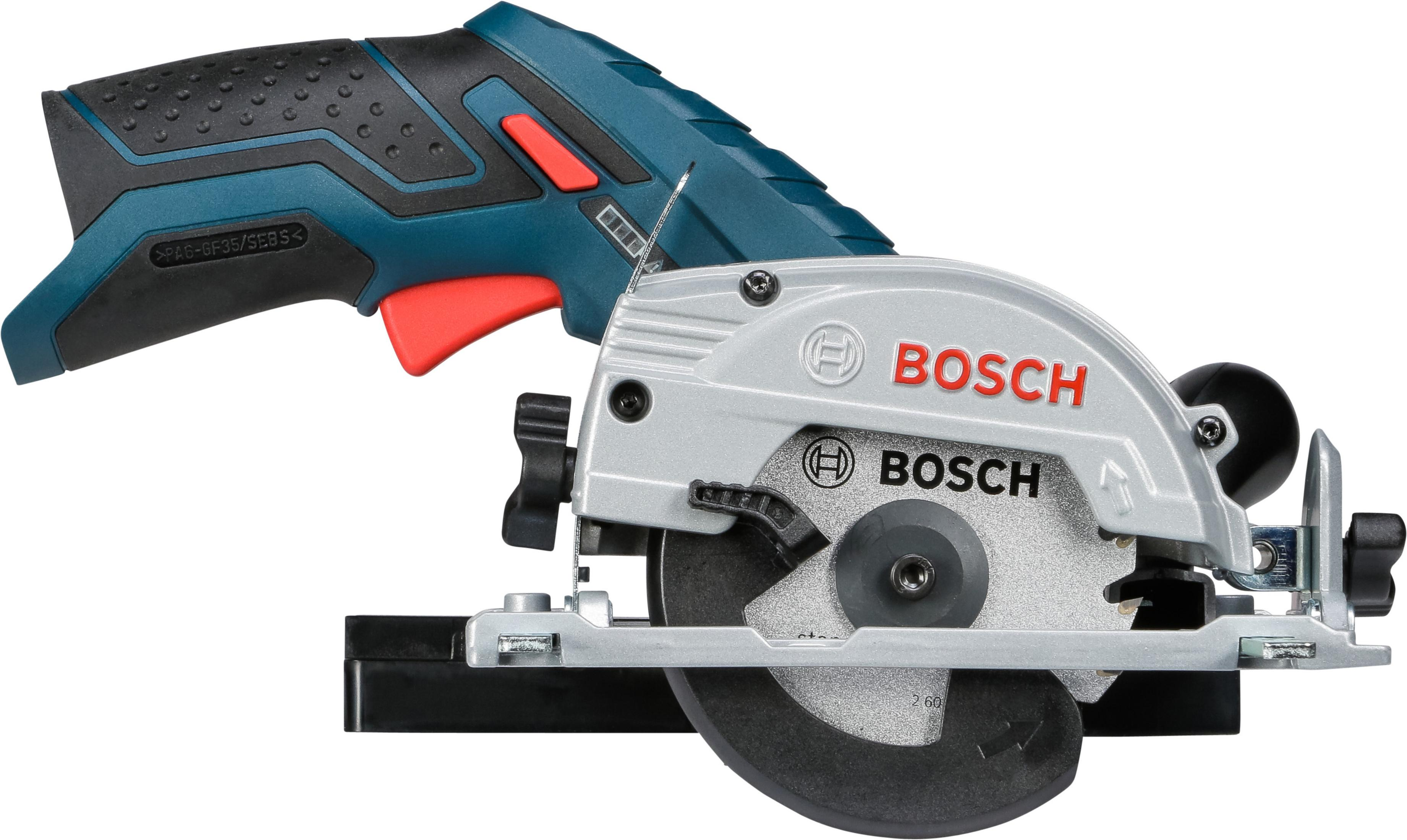 Srebrno-niebieska piła tarczowa Bosch. Ma srebrne ostrze i czerwony przycisk.